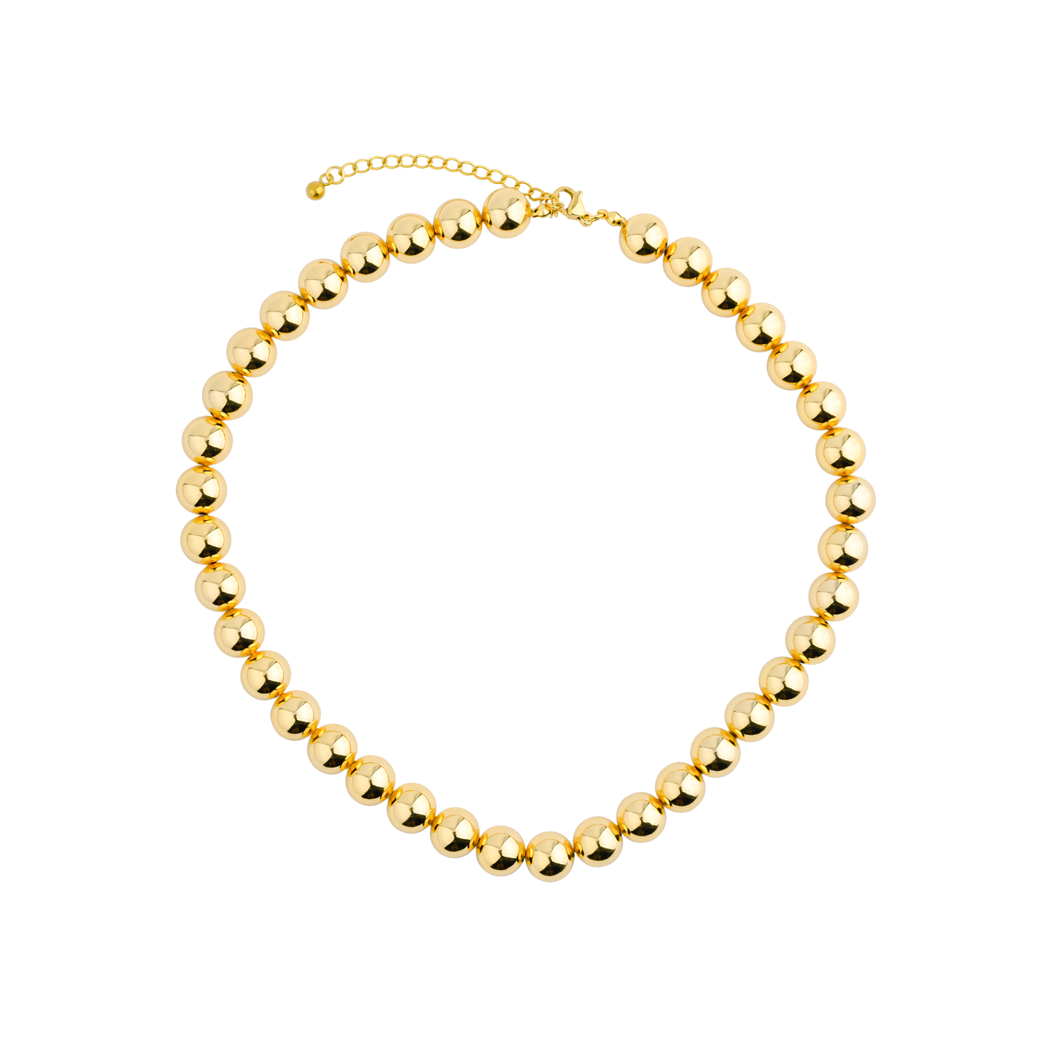 18K gold-plated ball chain necklace featuring polished spherical beads and an adjustable clasp for timeless elegance.