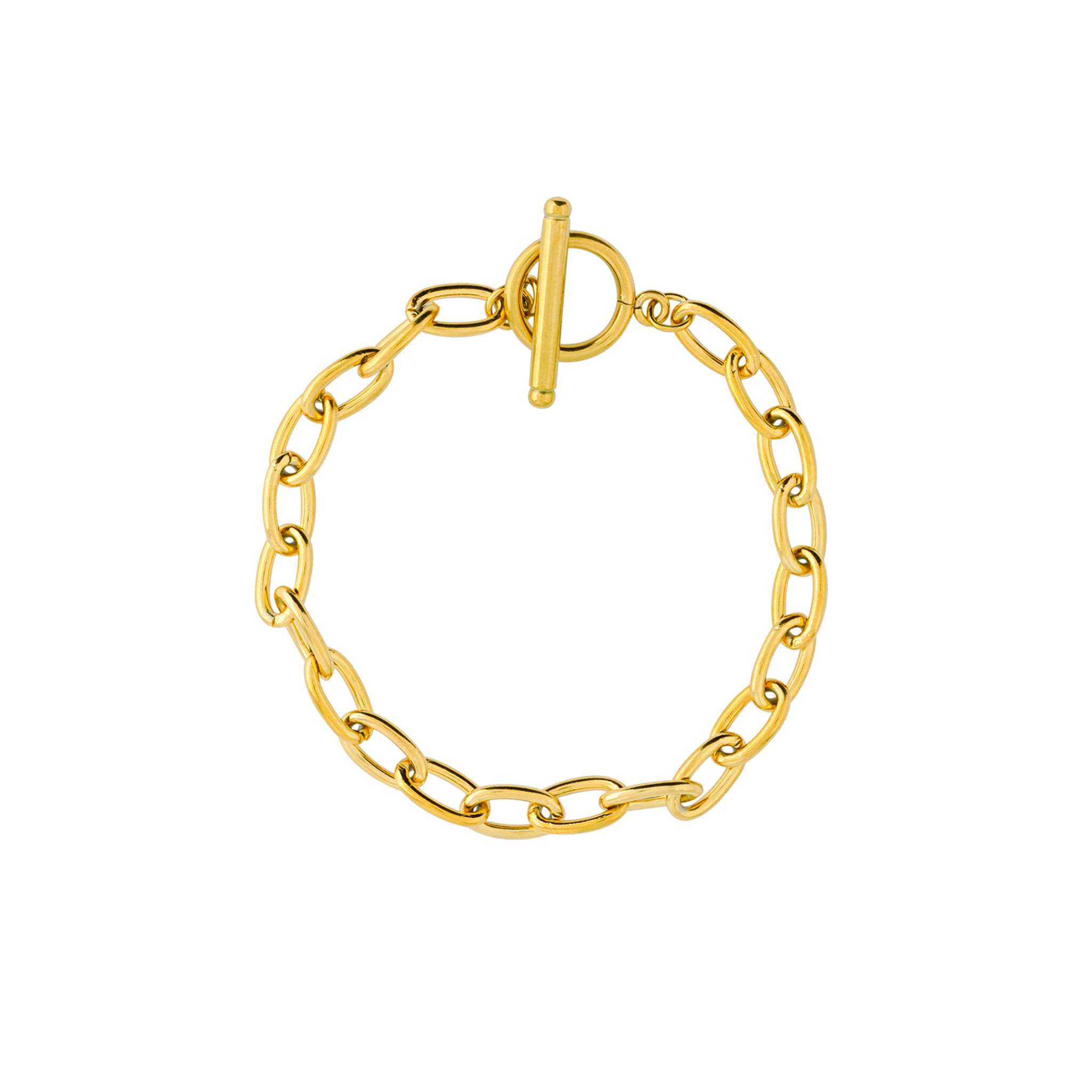 Close-up of a 18K gold-plated chain-link bracelet with a toggle clasp, displaying its sleek, modern design.