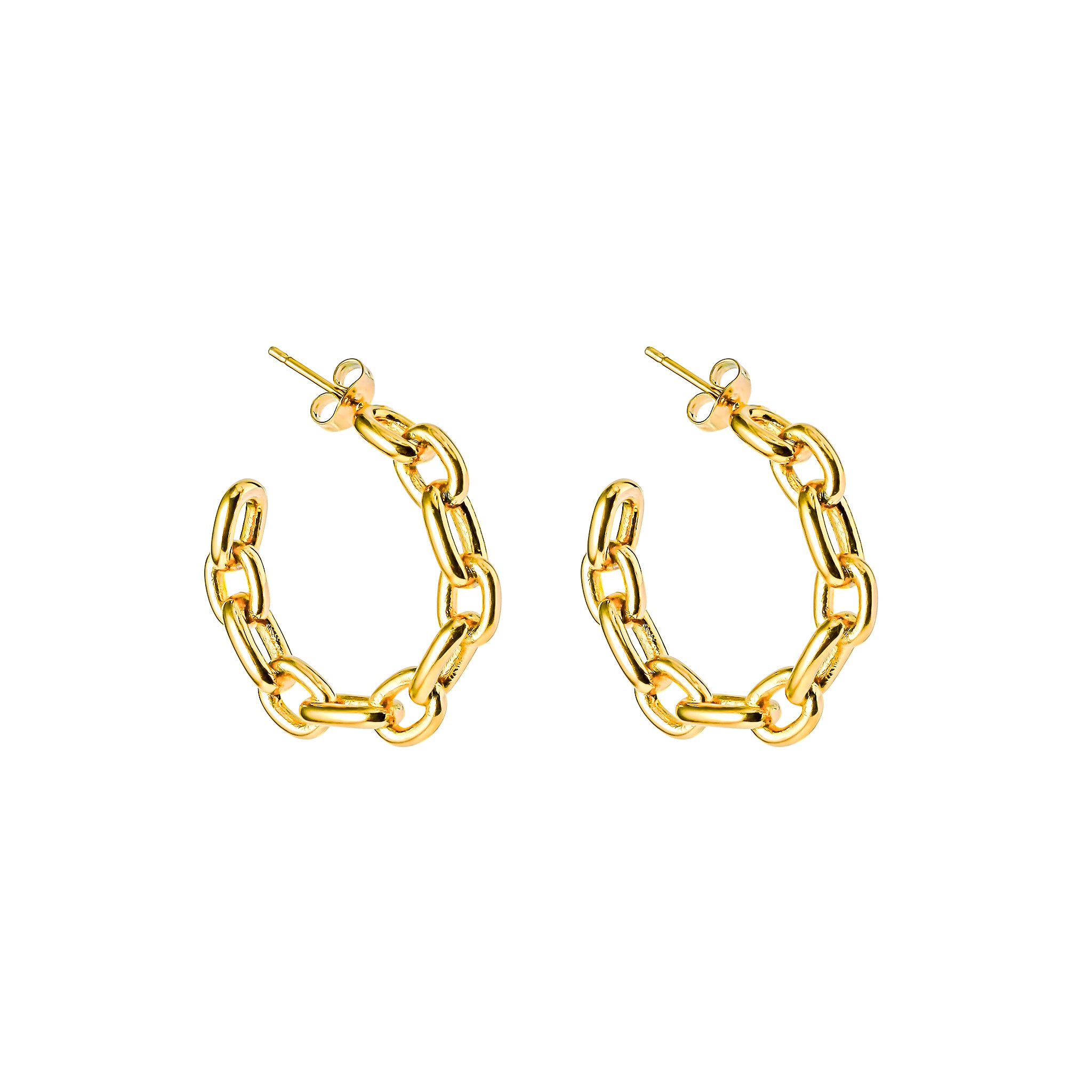 A pair of 18K gold-plated hoop earrings featuring bold chain links, designed to add modern charm to any outfit.