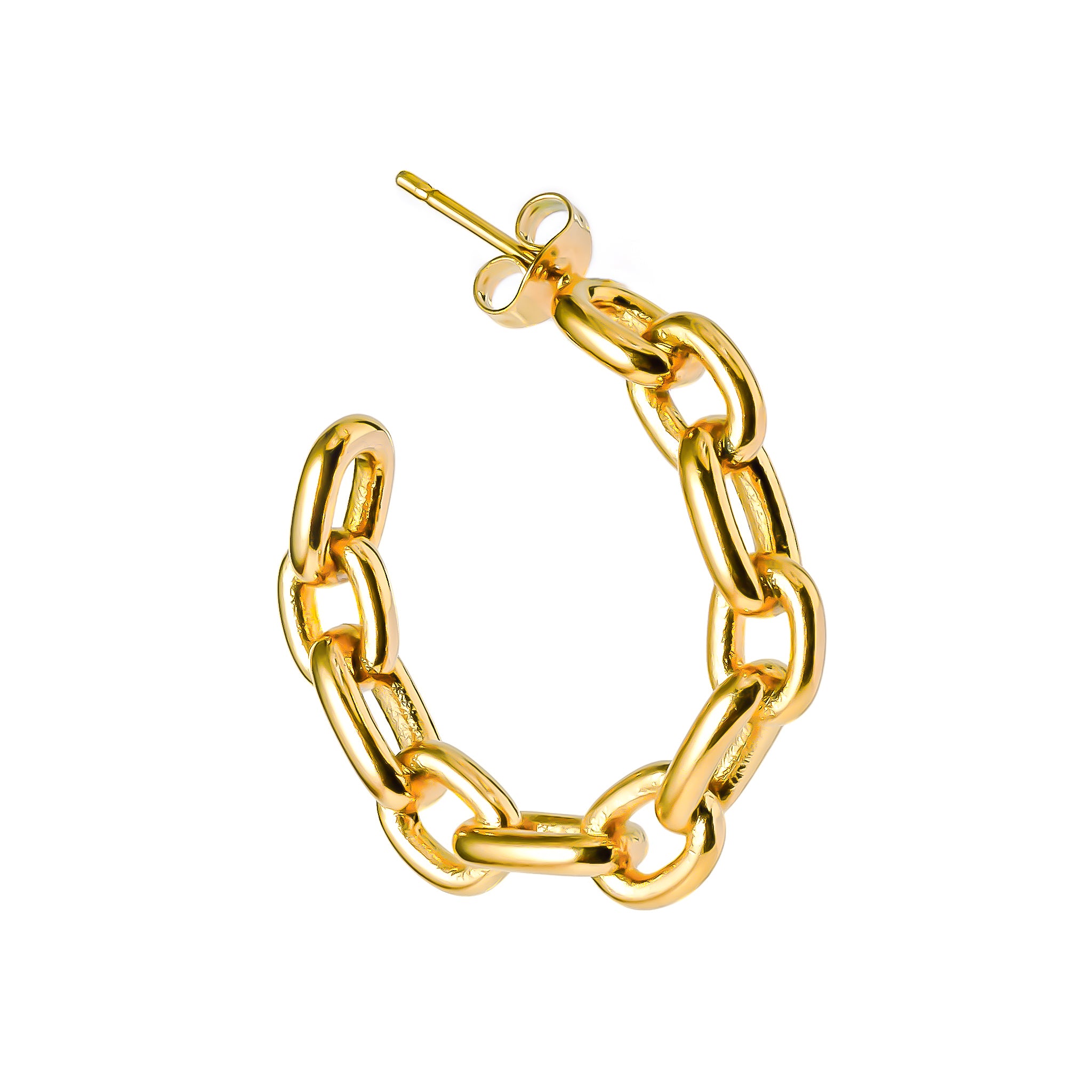 A 18K gold-plated hoop earrings featuring bold chain links, designed to add modern charm to any outfit.