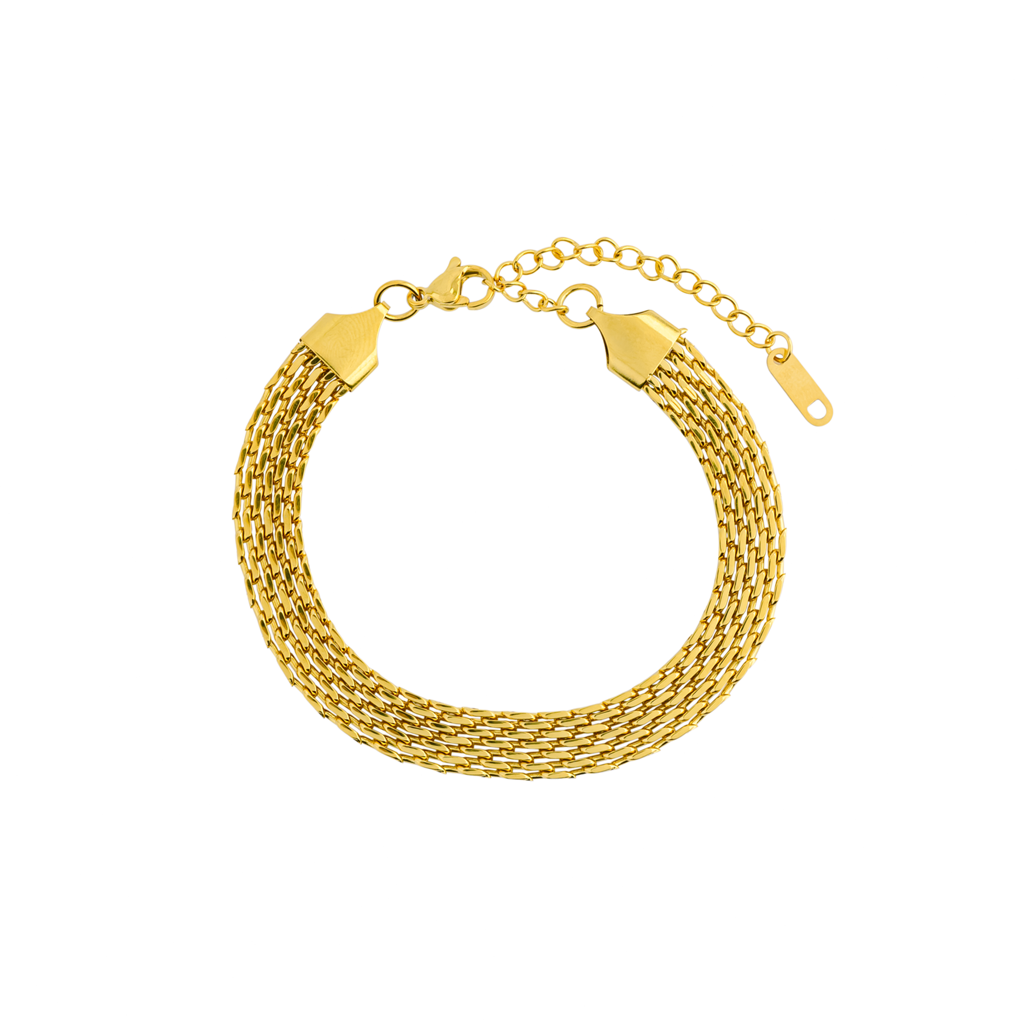 Close-up of an 18K gold-plated multi-strand bracelet, featuring intricately woven links, a lobster clasp, and an adjustable chain extension, offering a balance of luxury and versatility.