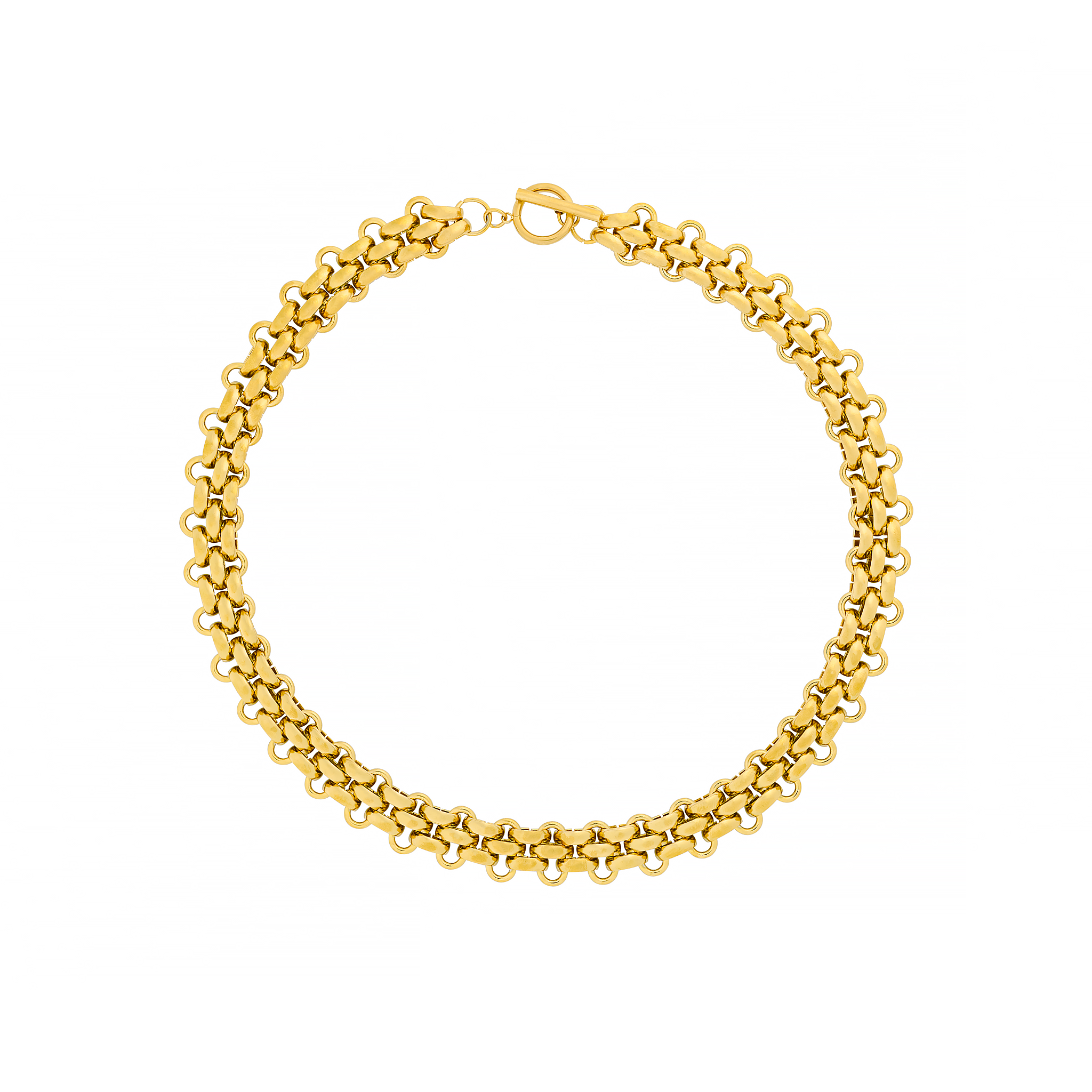 18K gold-plated woven chain necklace featuring a robust interlink design and toggle clasp closure, showcasing its intricate craftsmanship and luxurious shine.