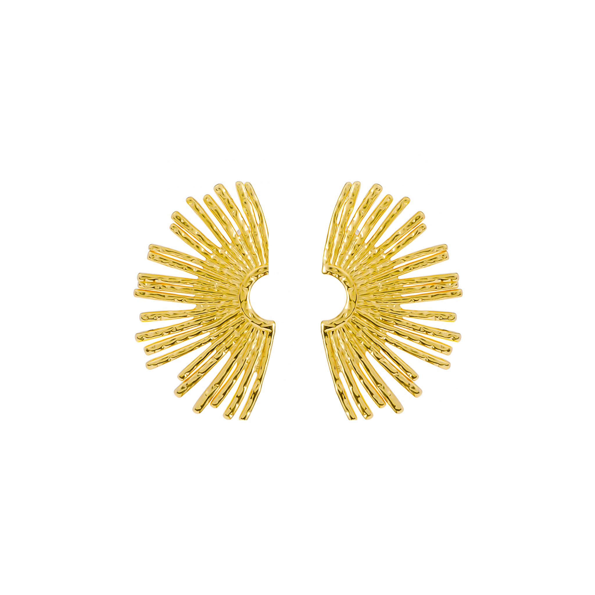 18K gold-plated statement earrings featuring a radiant fan-shaped design with intricate detailing, creating a bold and artistic look.