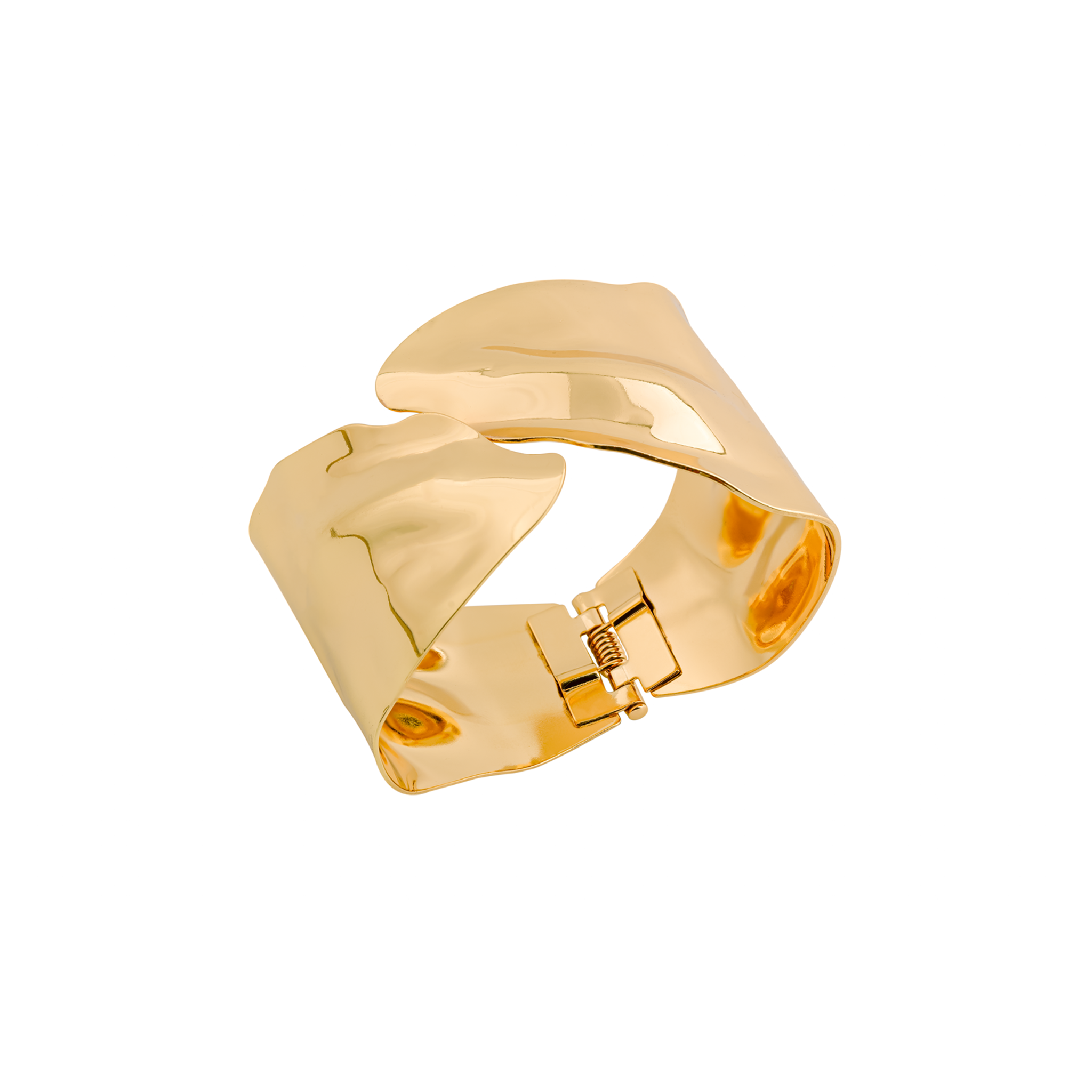 18K gold-plated cuff bracelet with an abstract wavy design, featuring a smooth, glossy finish and a hinge closure.