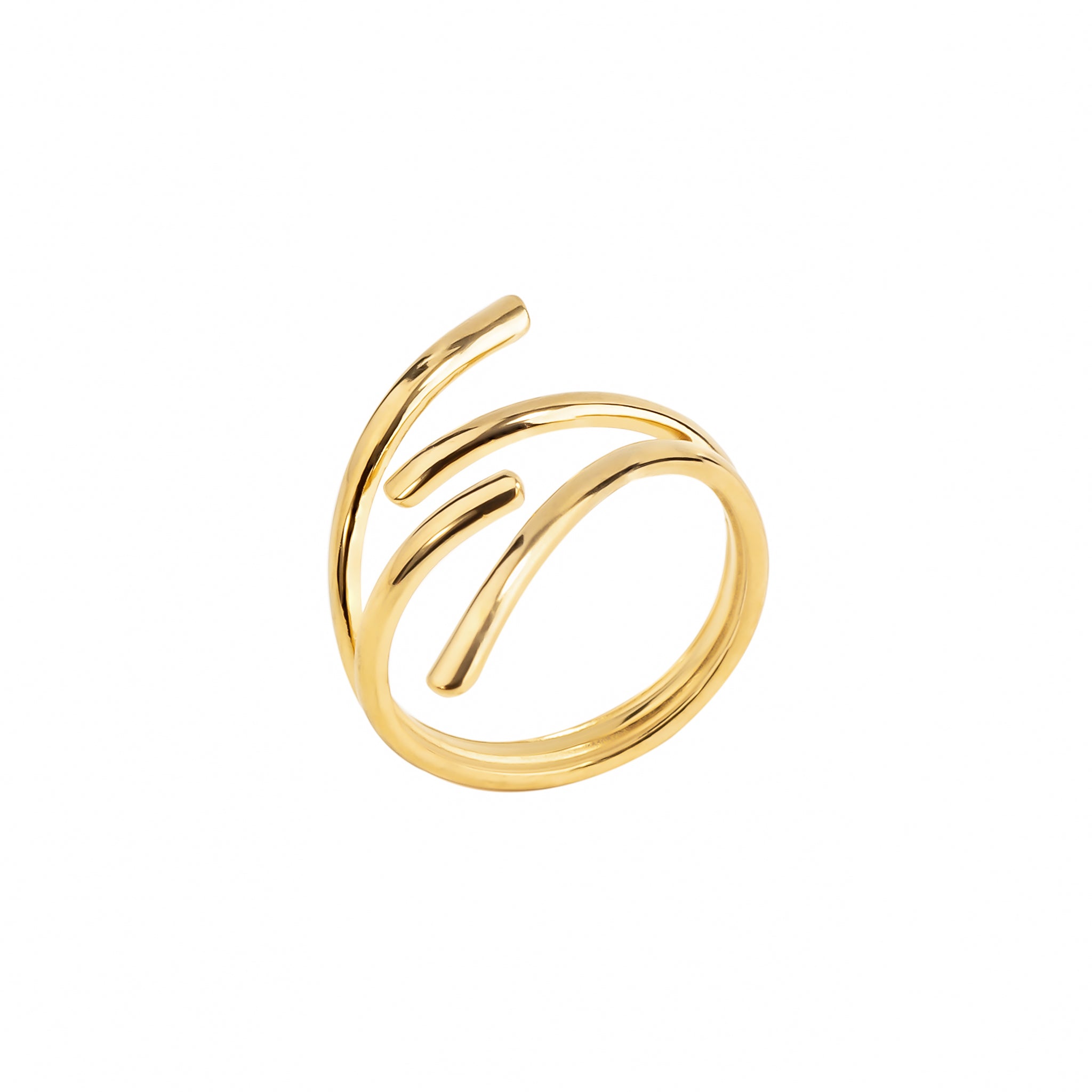 A minimalist gold ring featuring a sleek, modern spiral design. The elegant curves give the ring a dynamic, artistic appeal, perfect for making a bold yet refined fashion statement.