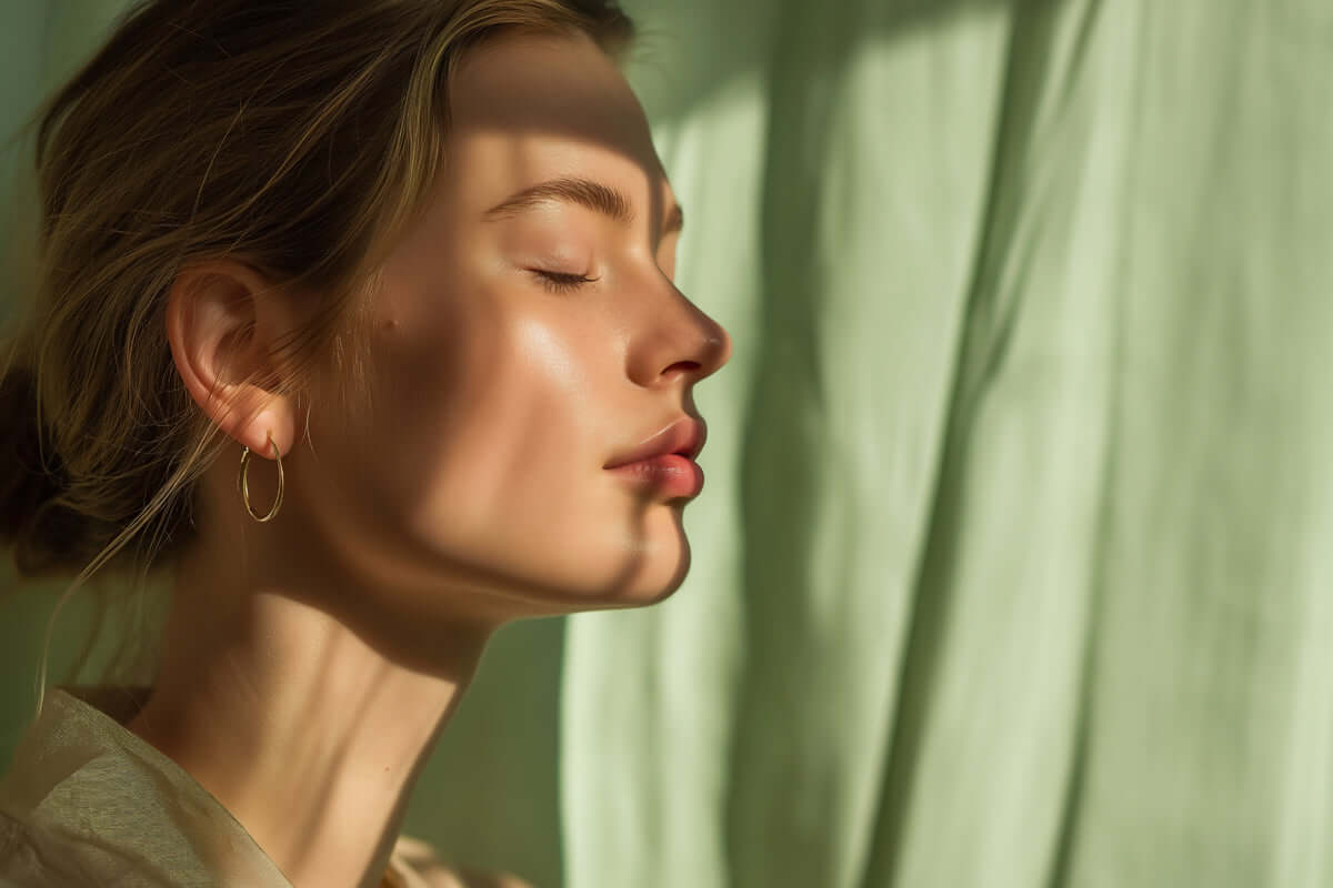 Profile of a woman with closed eyes basking in soft sunlight, wearing minimalist gold hoop earrings. The background features a light green curtain, adding a serene and elegant ambiance.