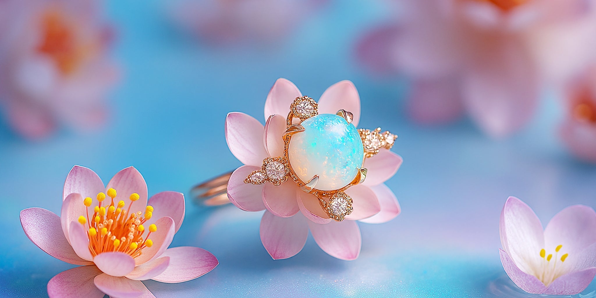 Ring with opal stone on a pink flower against a soft blue background