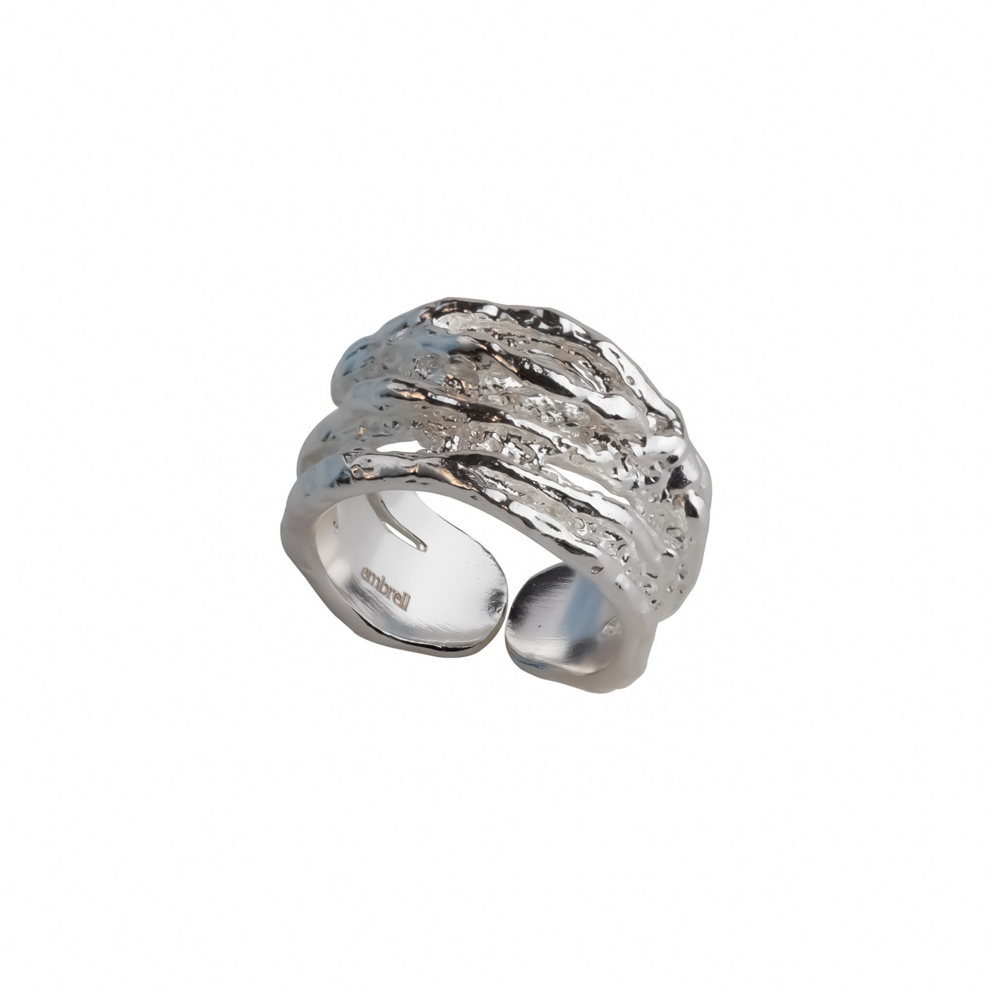 Empress Ring, silver plated wide textured open band ring.