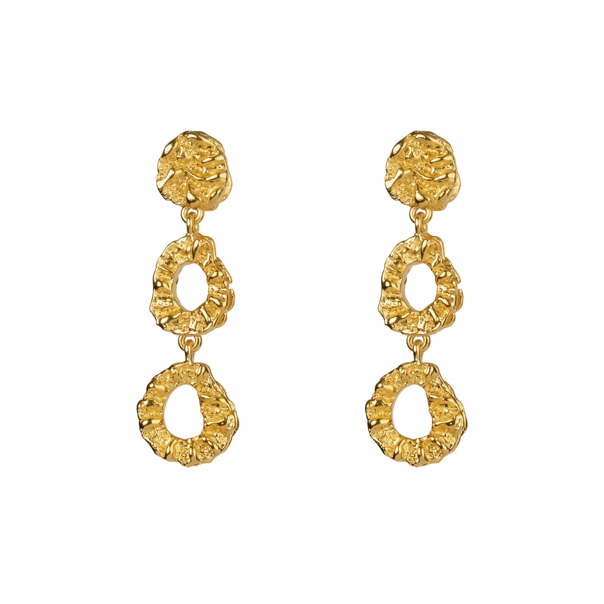 Evolve Earrings, 22K gold plated textured triple drop circle design.