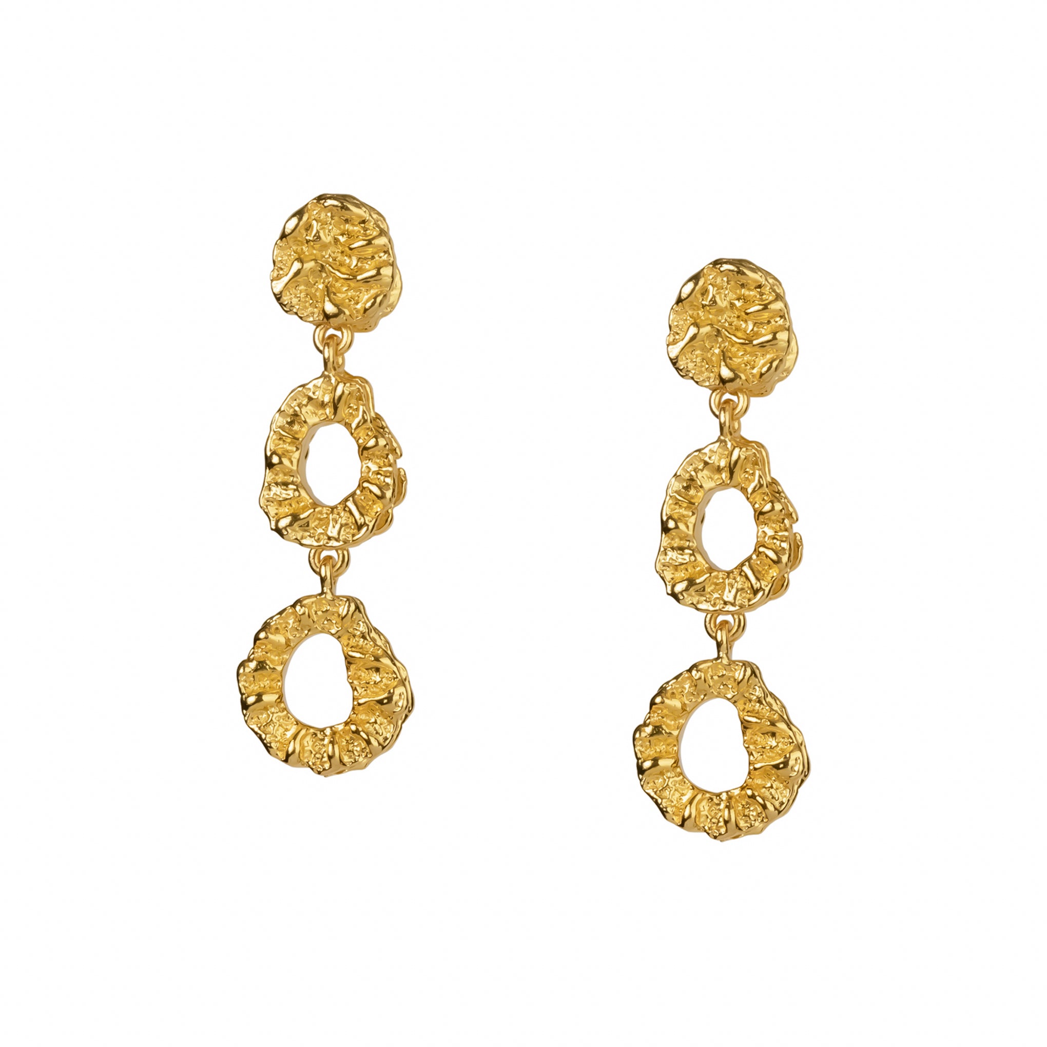 Evolve Earrings, 22K gold plated textured triple drop circle design.