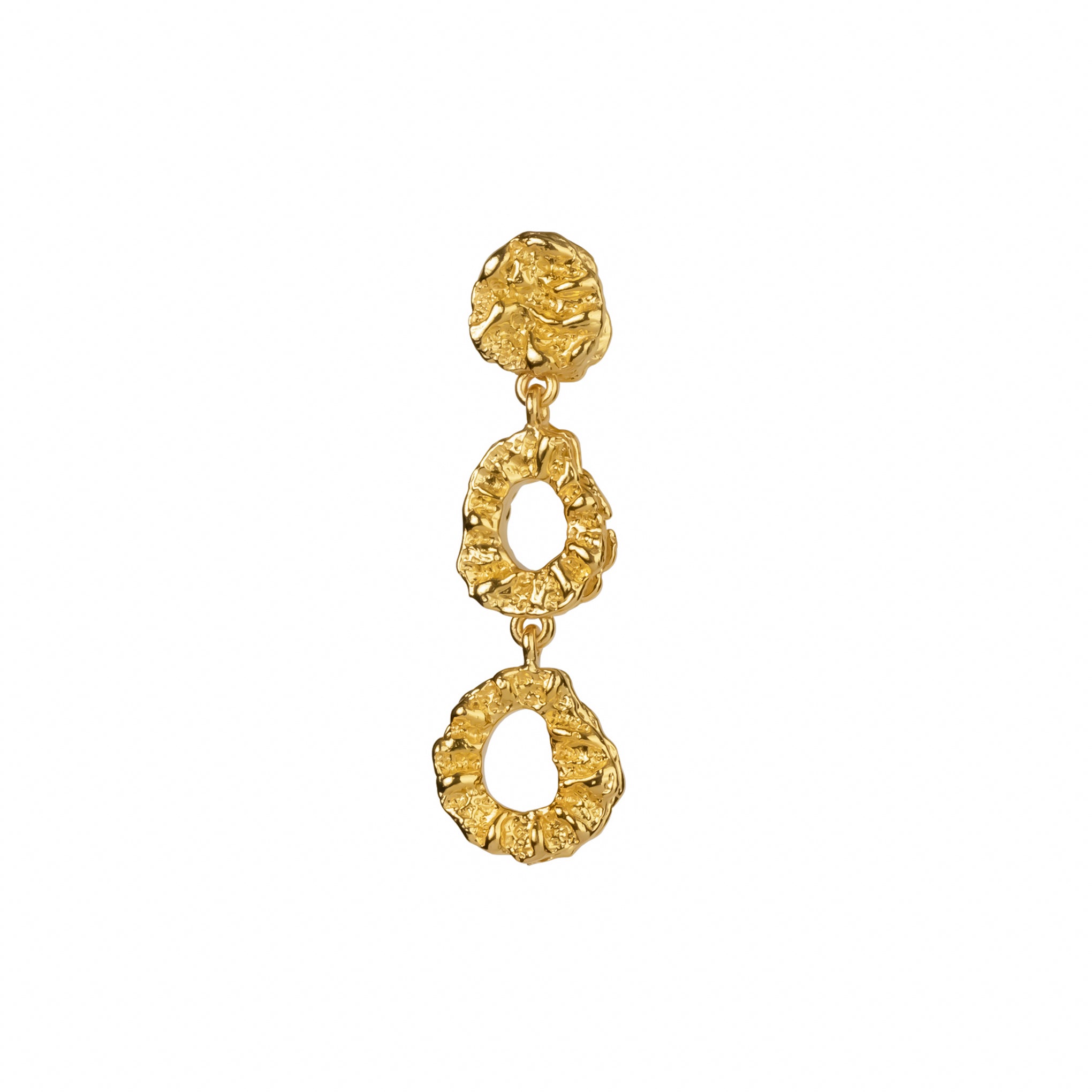 Evolve Earrings, 22K gold plated textured triple drop circle design.