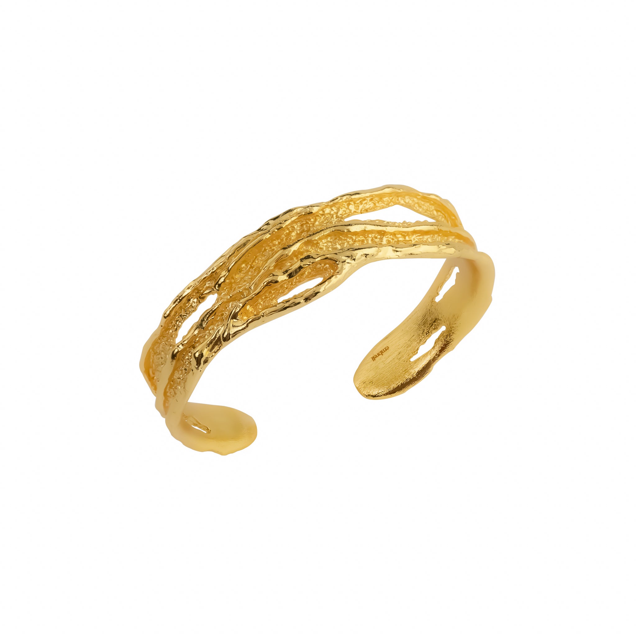 Embrace Cuff, 22K gold plated textured open bracelet design.