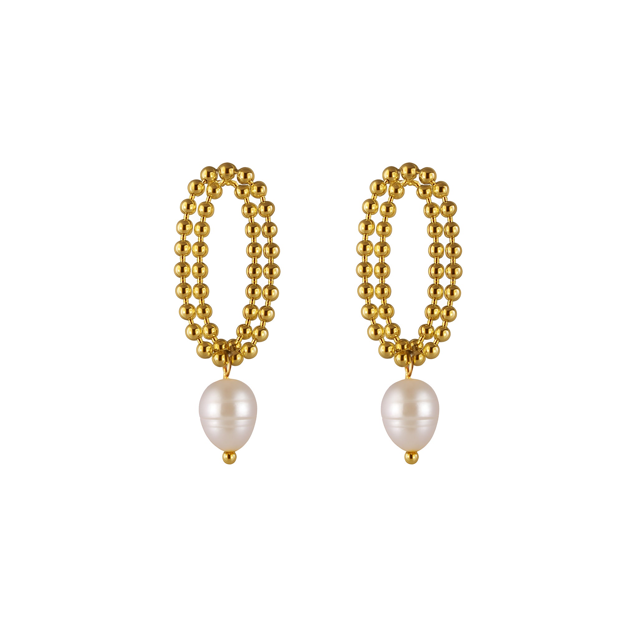 Pair of gold beaded earrings with pearl drops on a white background