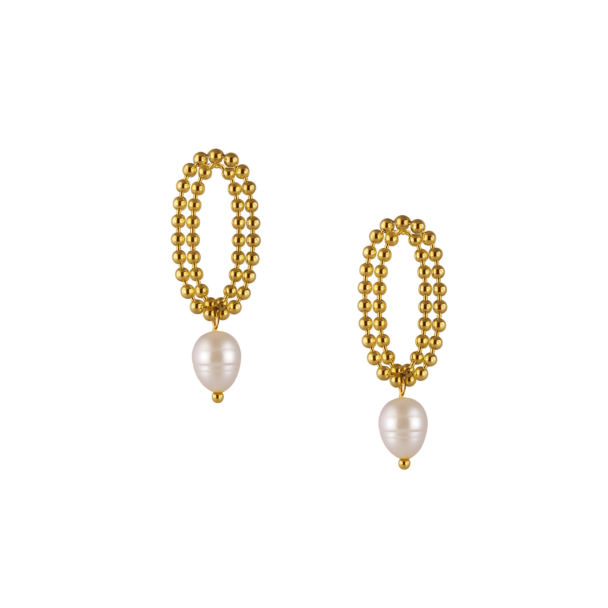 Gold beaded earrings with pearl drops on a white background