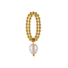 Gold beaded necklace with a single pearl pendant on a white background