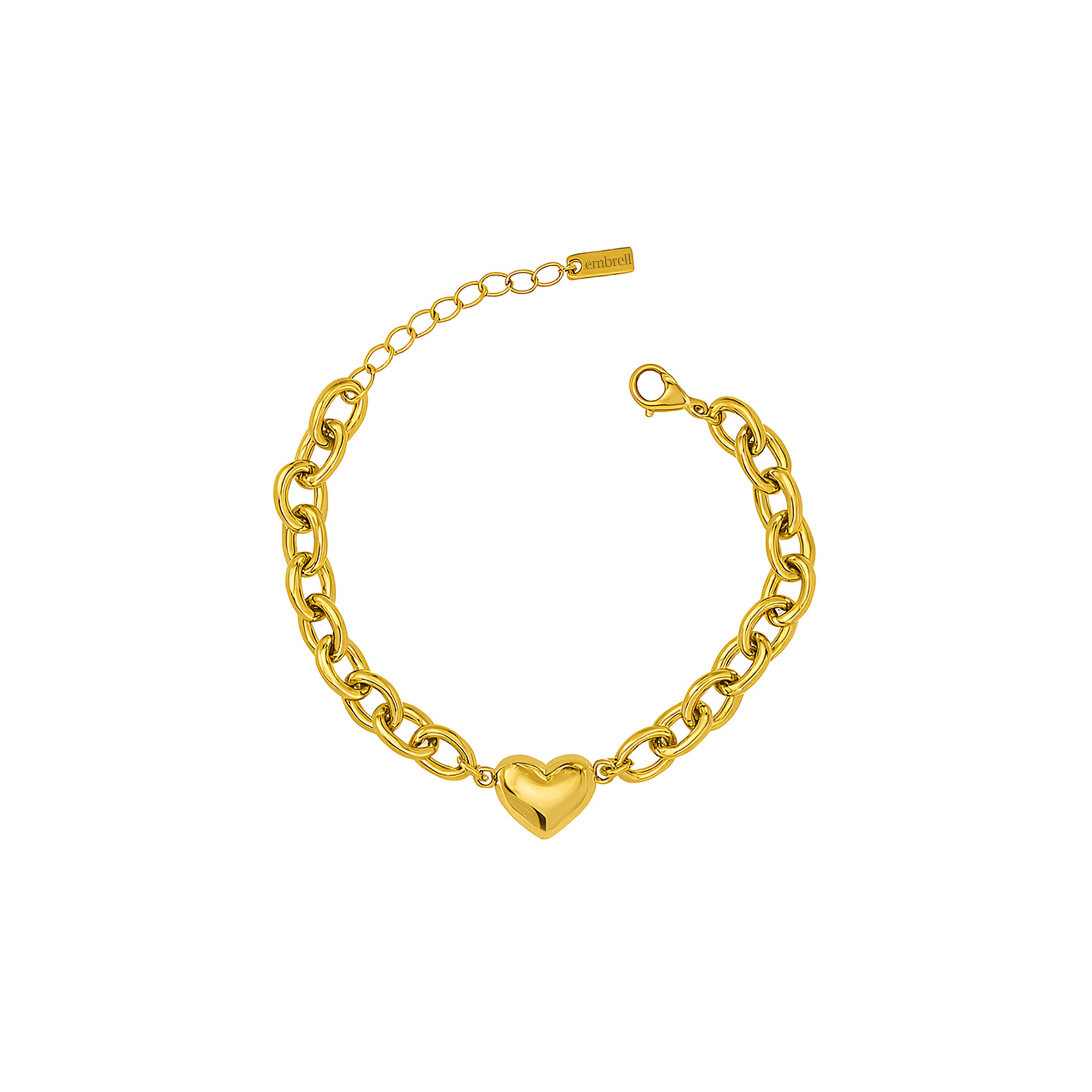 Gold chain bracelet with a heart-shaped clasp on a white background