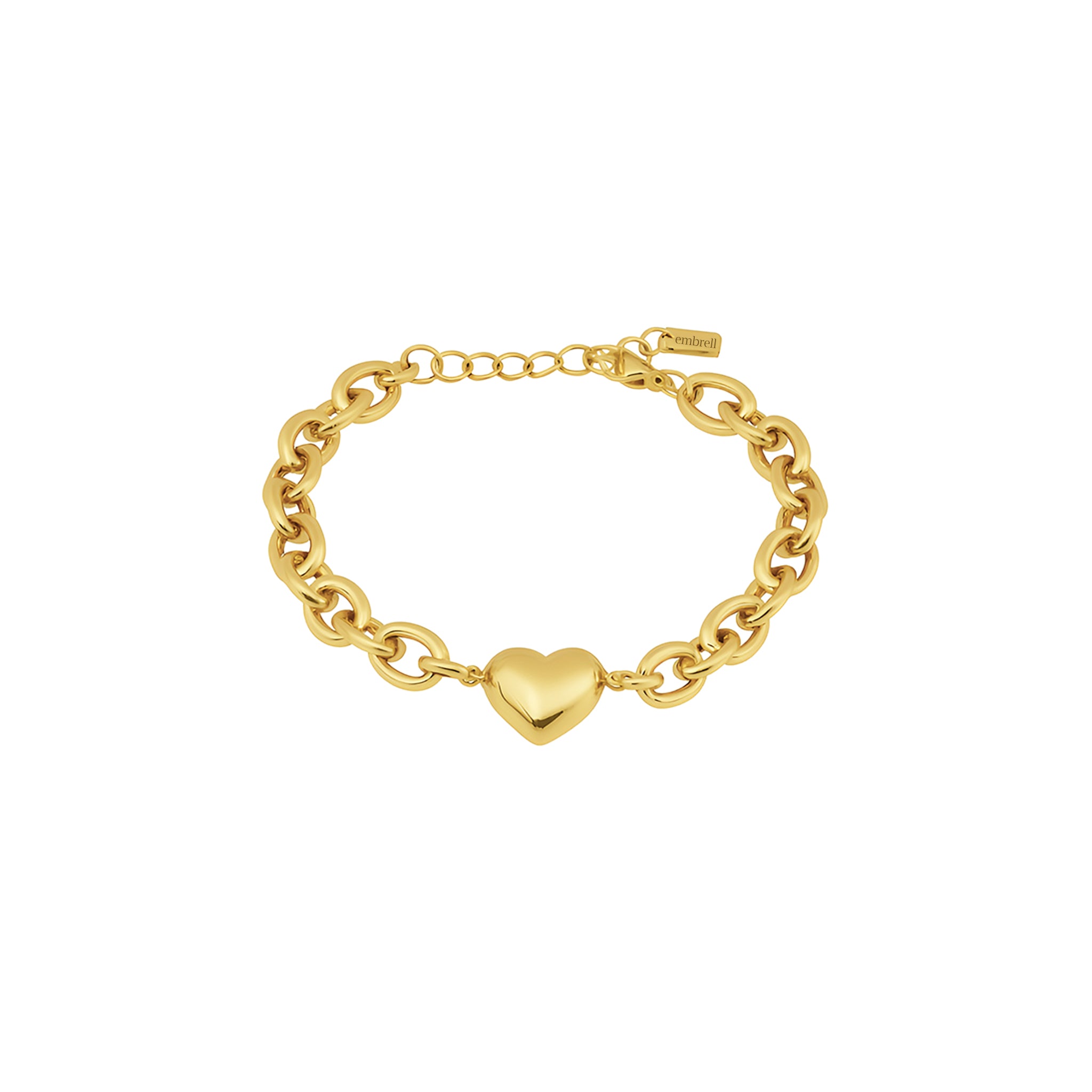 Gold chain bracelet with a heart-shaped clasp on a white background