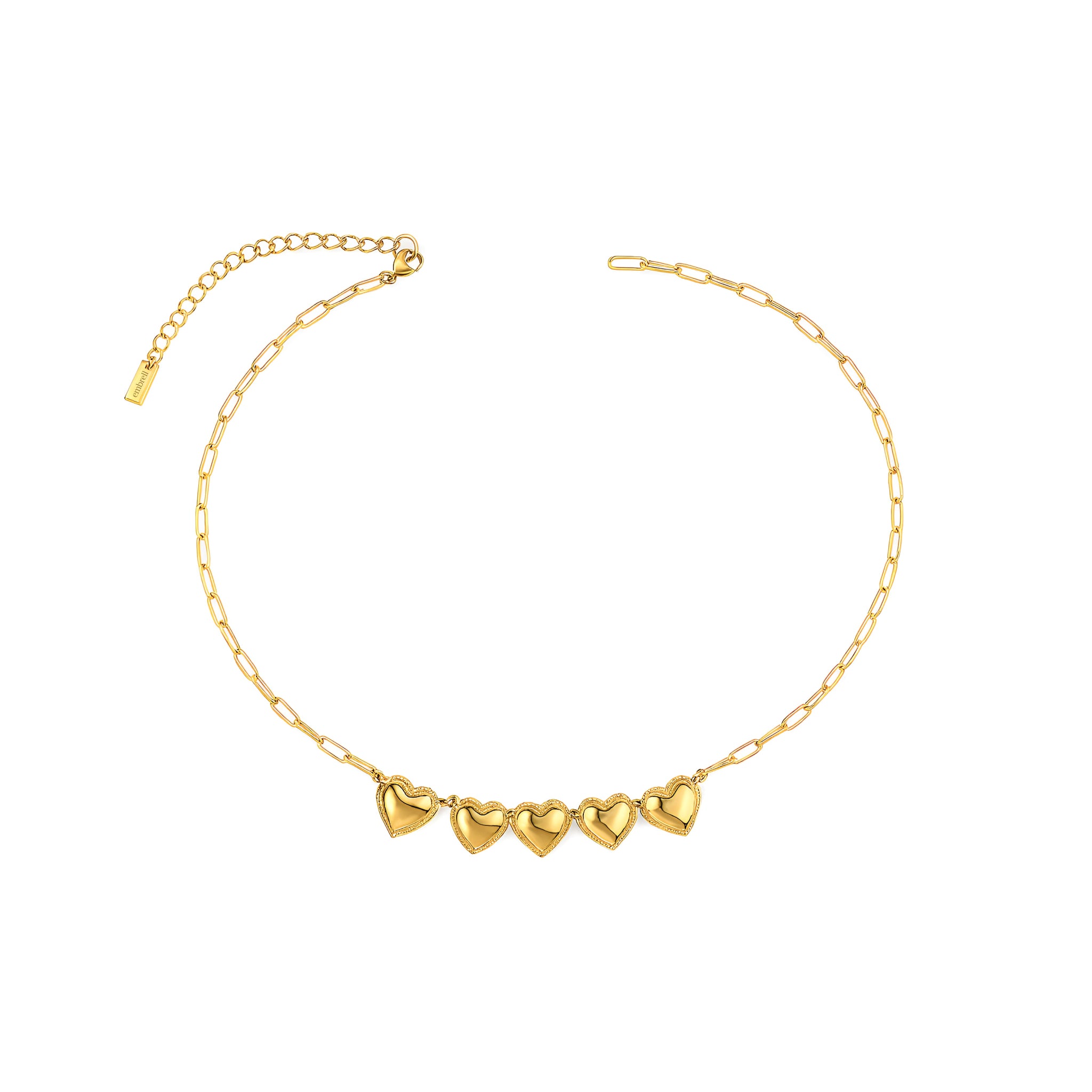 Gold necklace with heart-shaped pendants on a white background