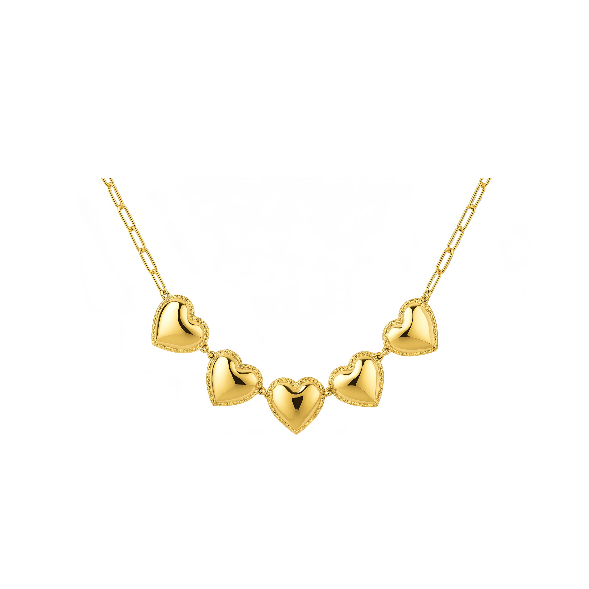Gold heart-shaped necklace on a white background