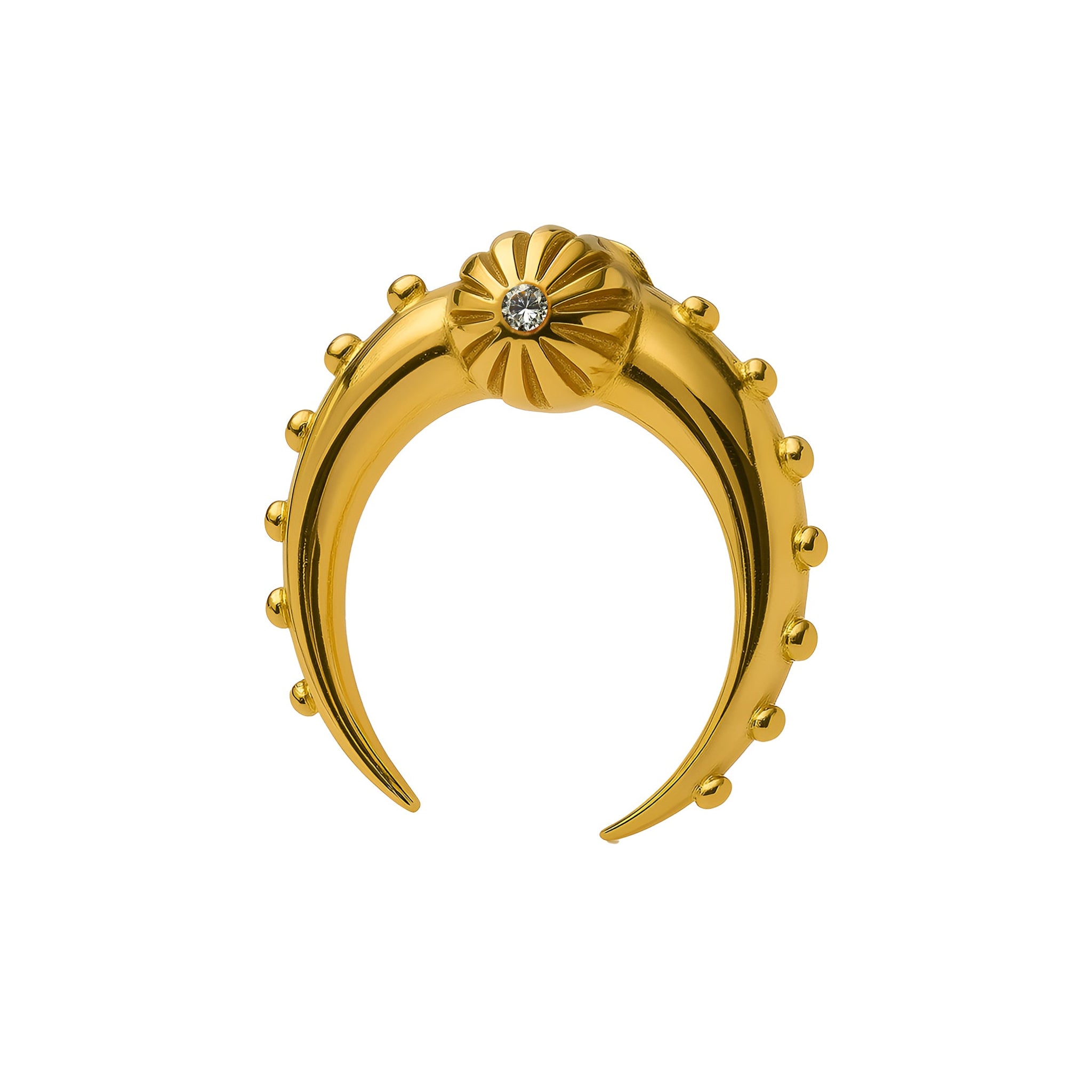 Gold crescent-shaped earring with a central gemstone on a white background
