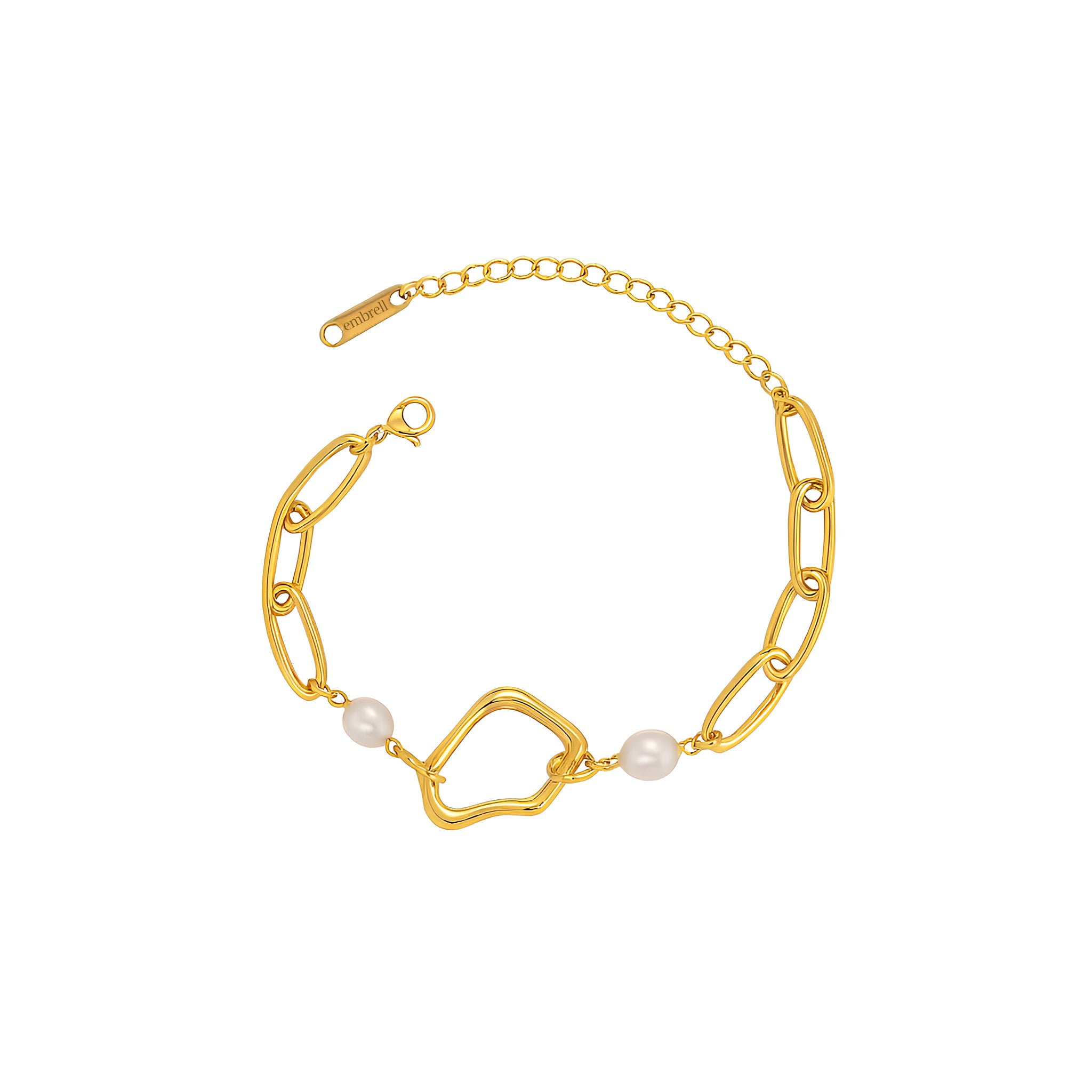 Gold bracelet with abstract-shape and pearls on a white background