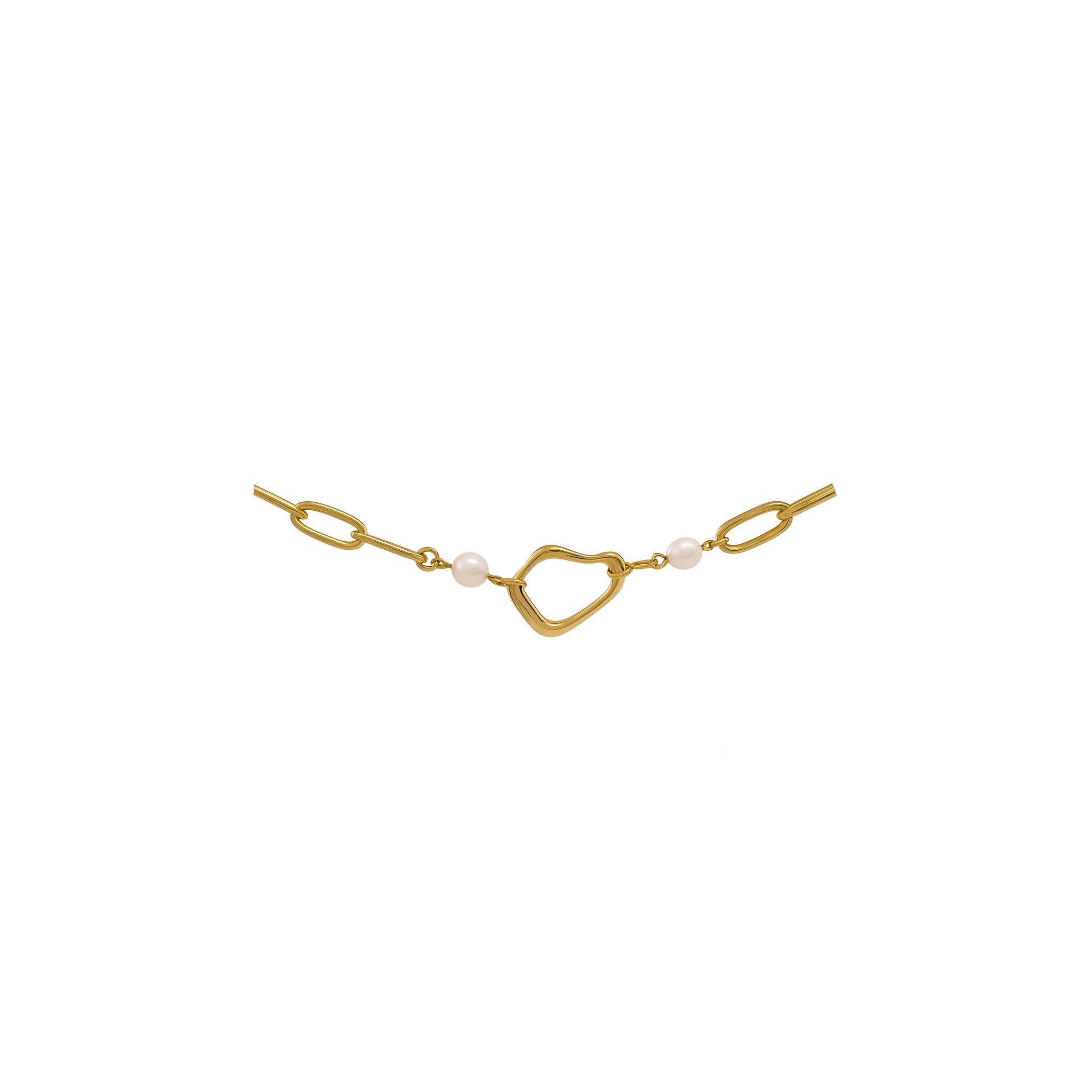 Gold bracelet with abstract-shape and pearls on a white background