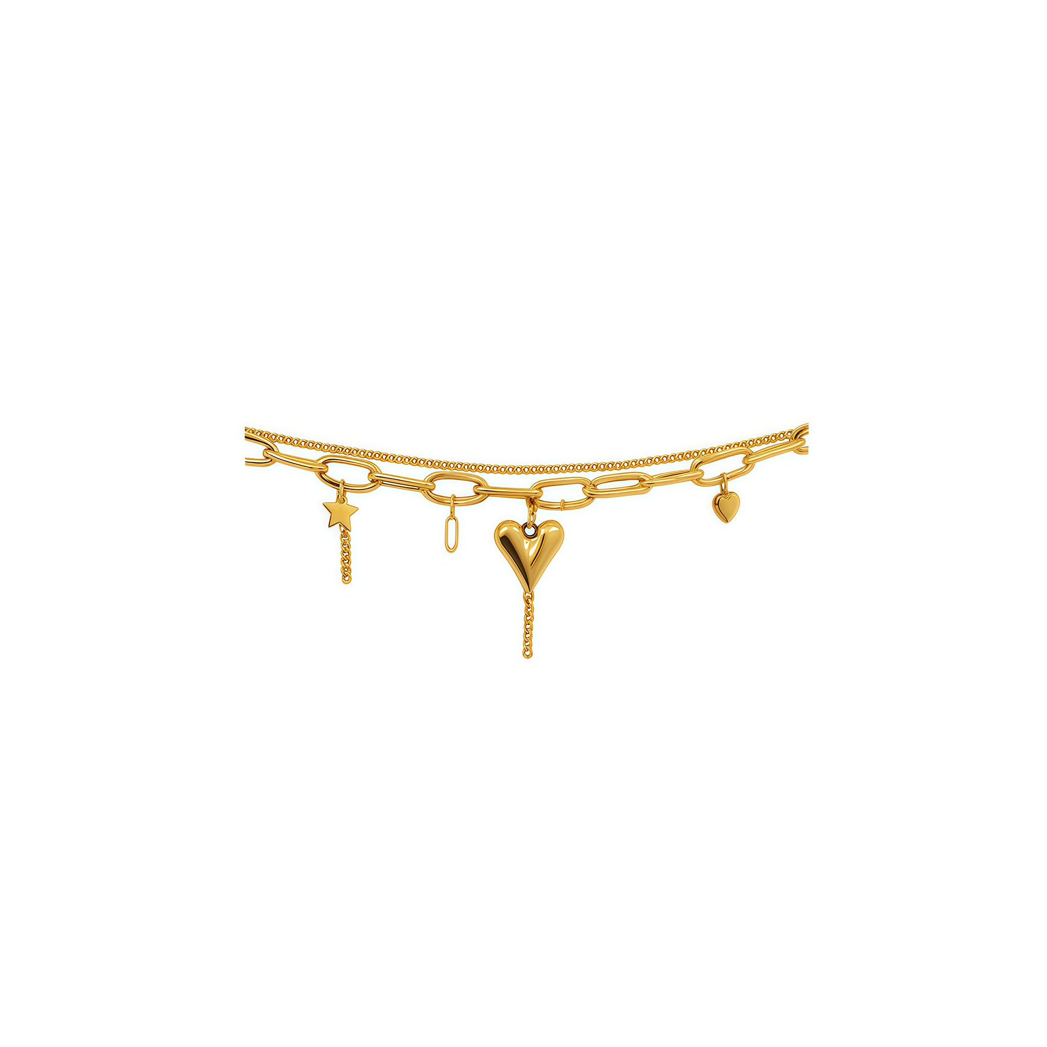 Gold bracelet with heart charm on a white background