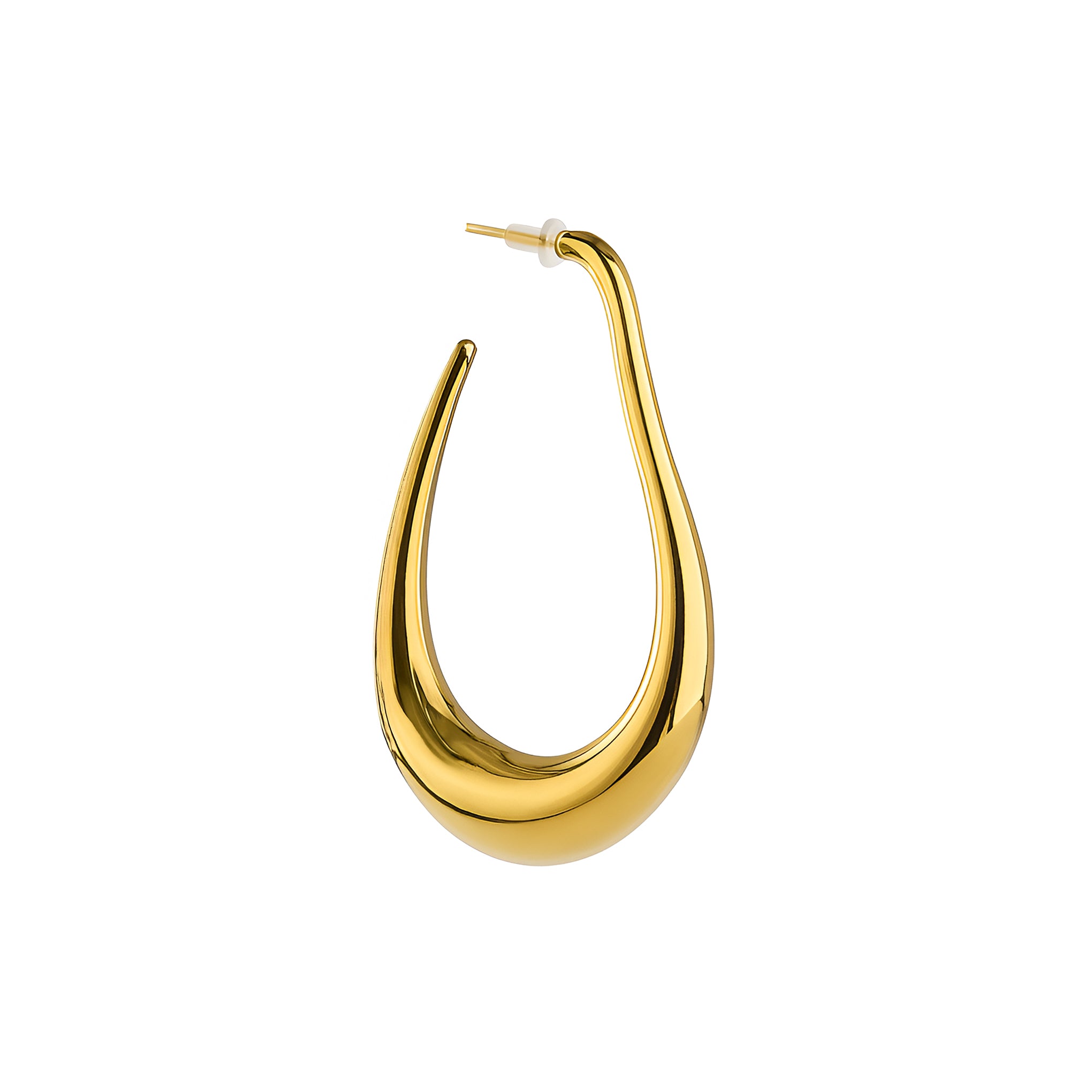 Gold hoop earring on a white background
