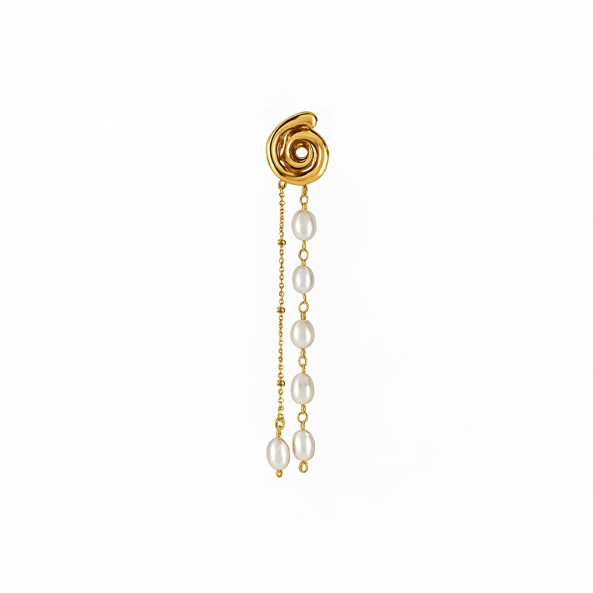 Gold earring with pearl drops on a white background
