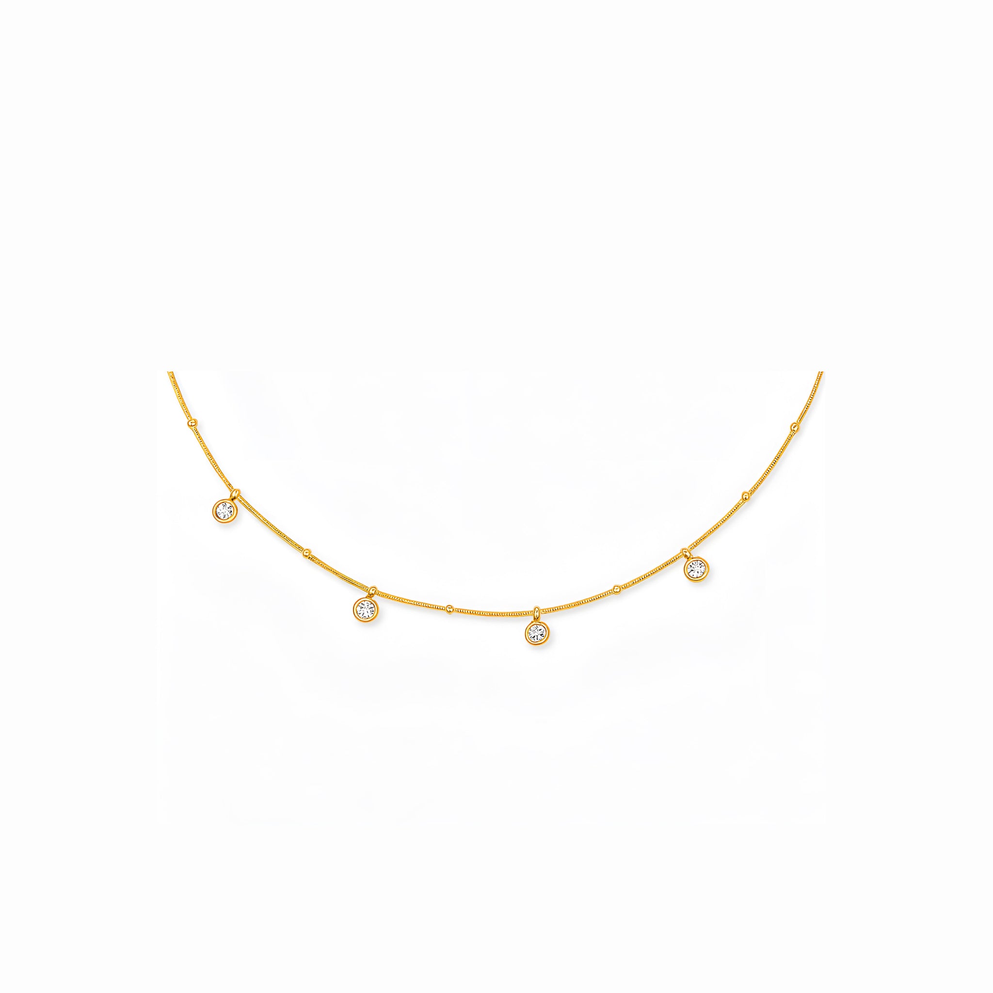 Gold necklace with small diamonds on a white background