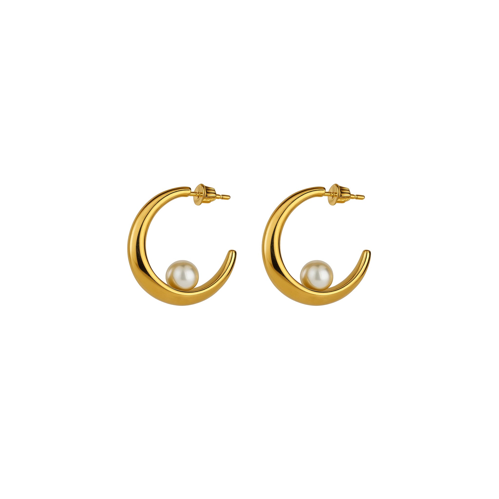 Gold hoop earrings with pearl centers on a white background
