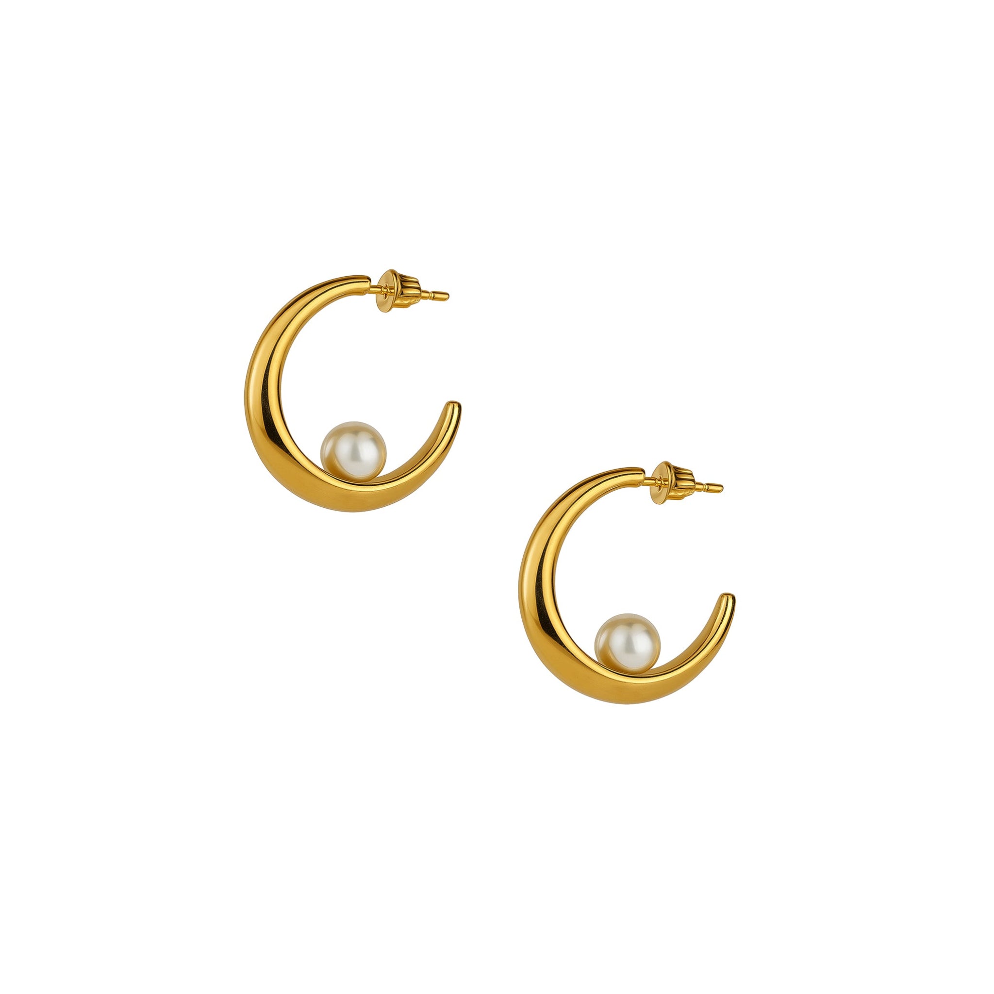 Gold hoop earrings with pearls on a white background