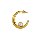 Gold hoop earring with a pearl on a white background