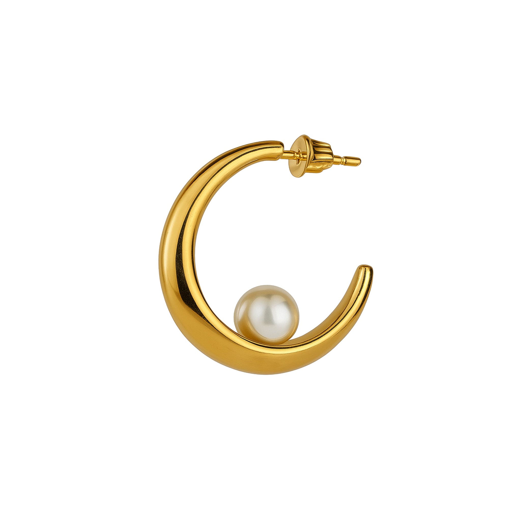 Gold hoop earring with a pearl on a white background