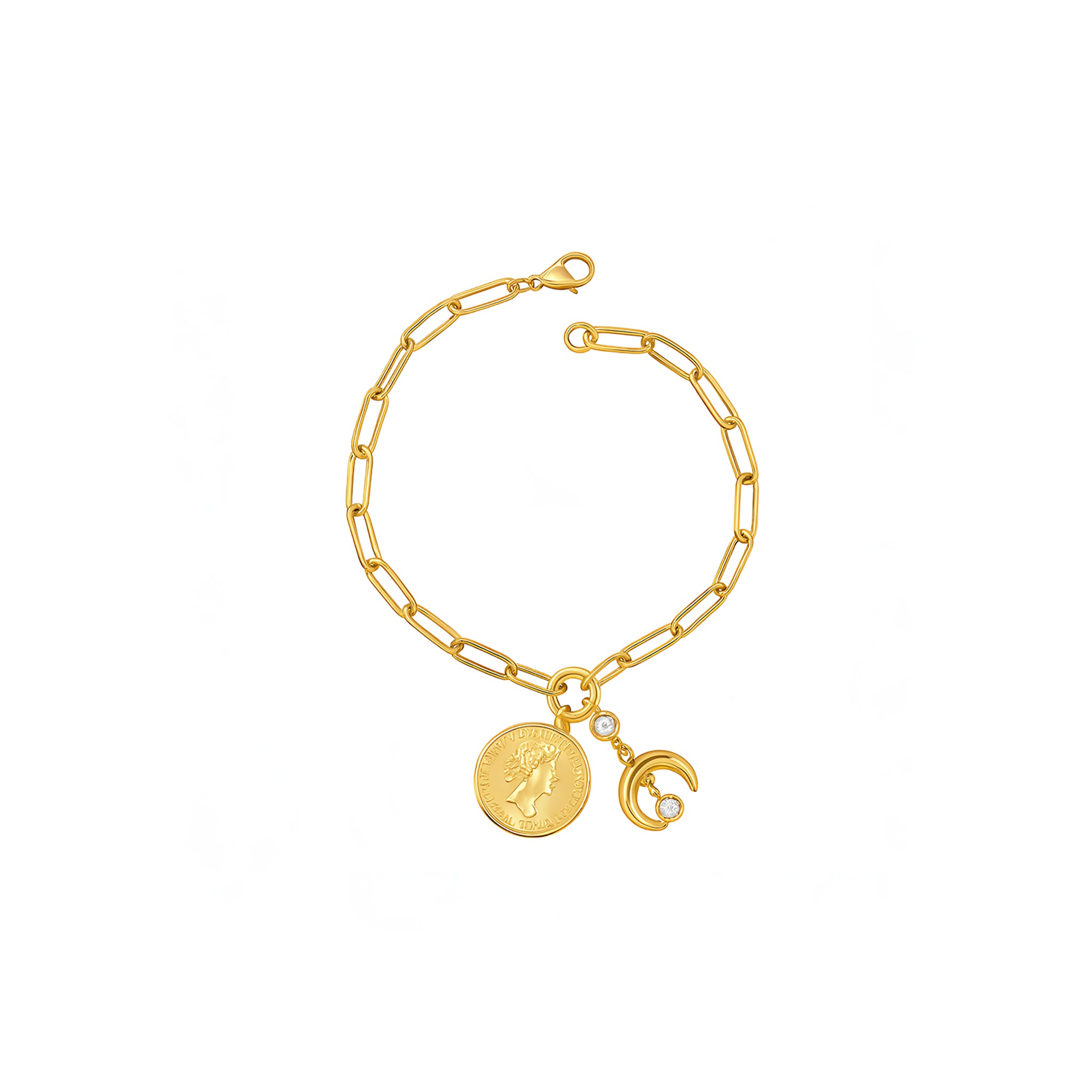 Gold bracelet with charms on a white background