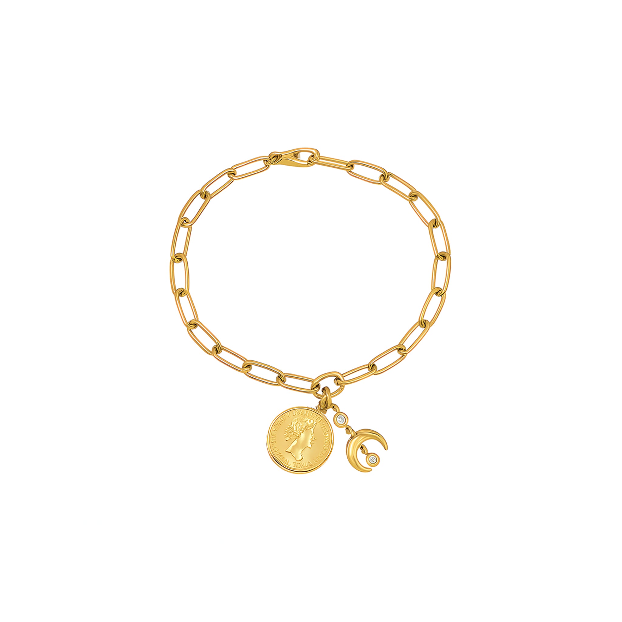 Gold bracelet with two charms on a white background