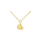 Gold bracelets with a circular pendant on a white background