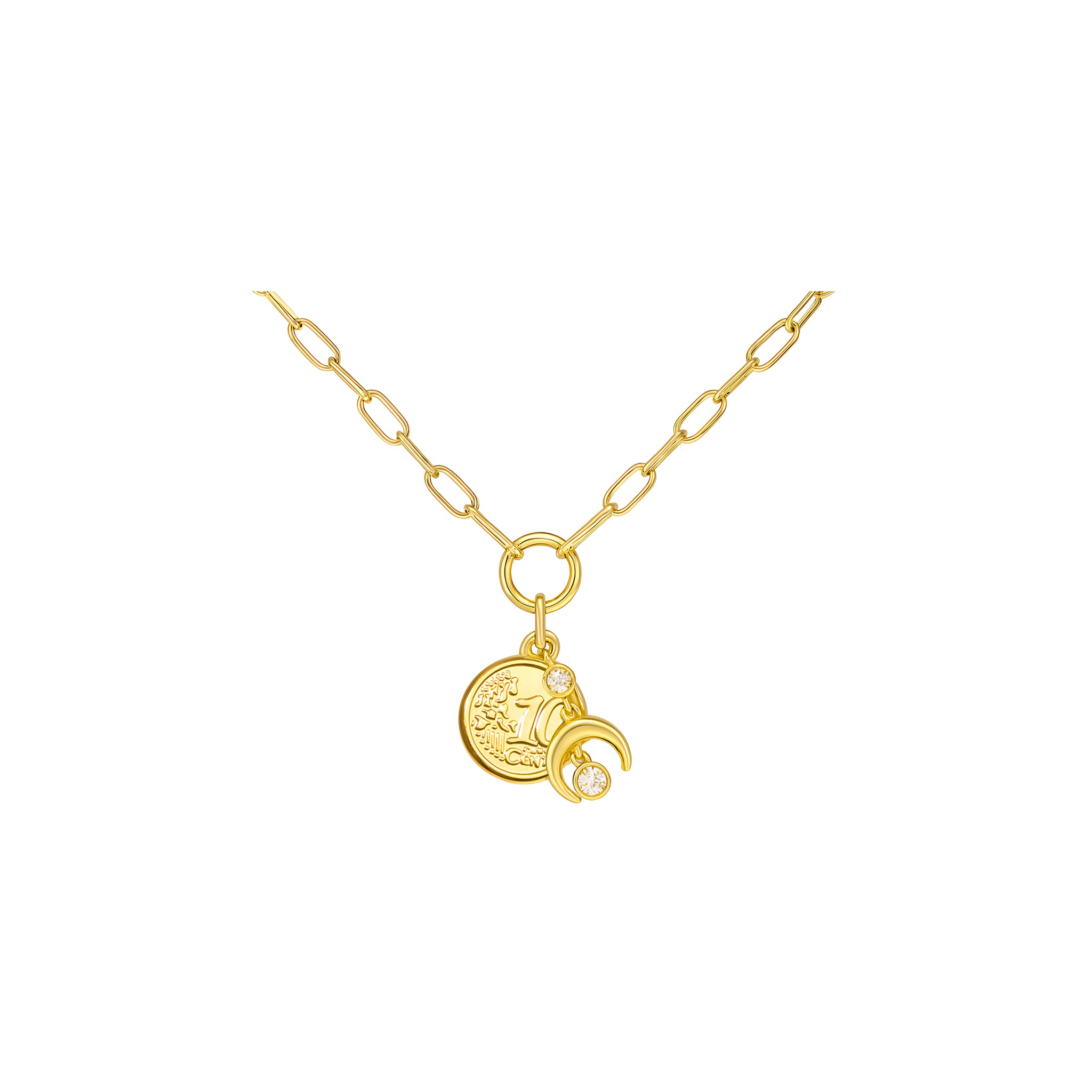 Gold bracelets with a circular pendant on a white background