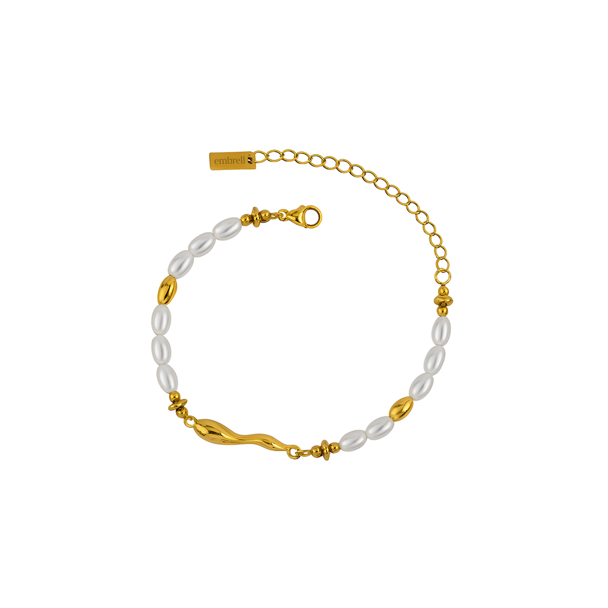 Gold and pearl bracelet on a white background