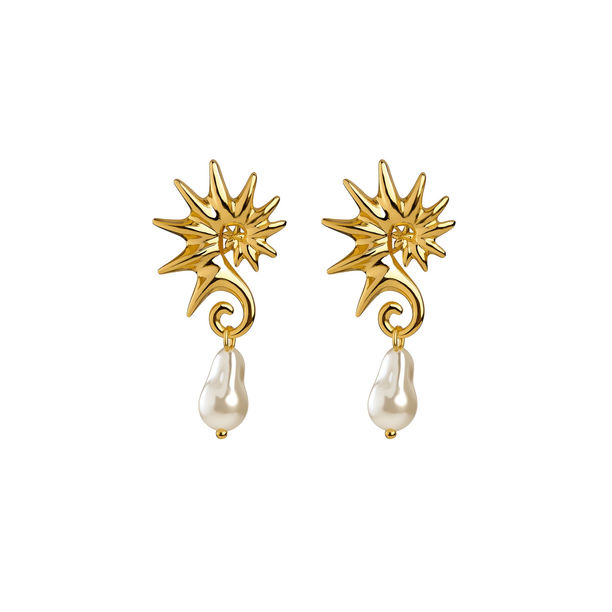 Gold seahorse-shaped earrings with pearl drops on a white background