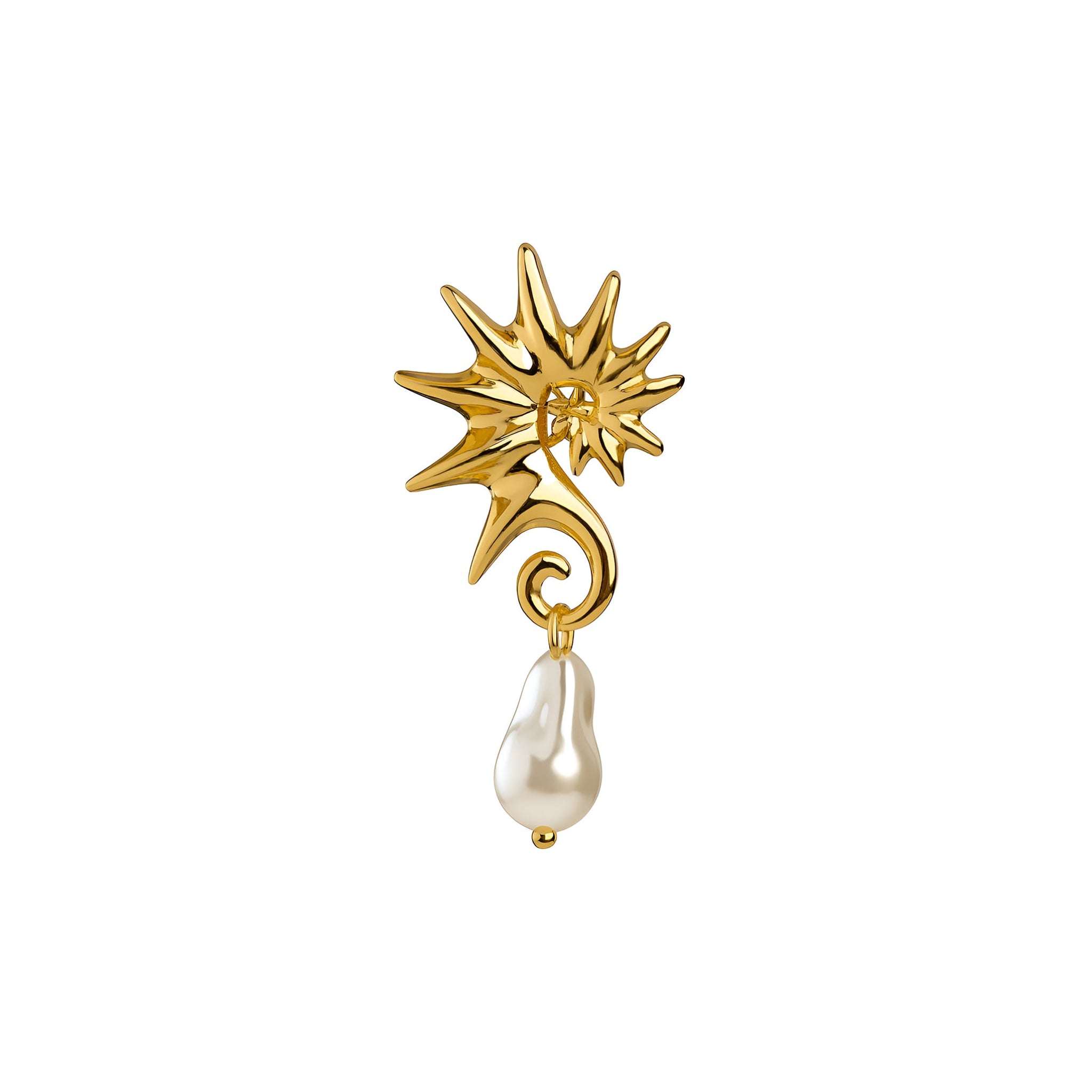 Gold seahorse-shaped earrings with pearl drops on a white background