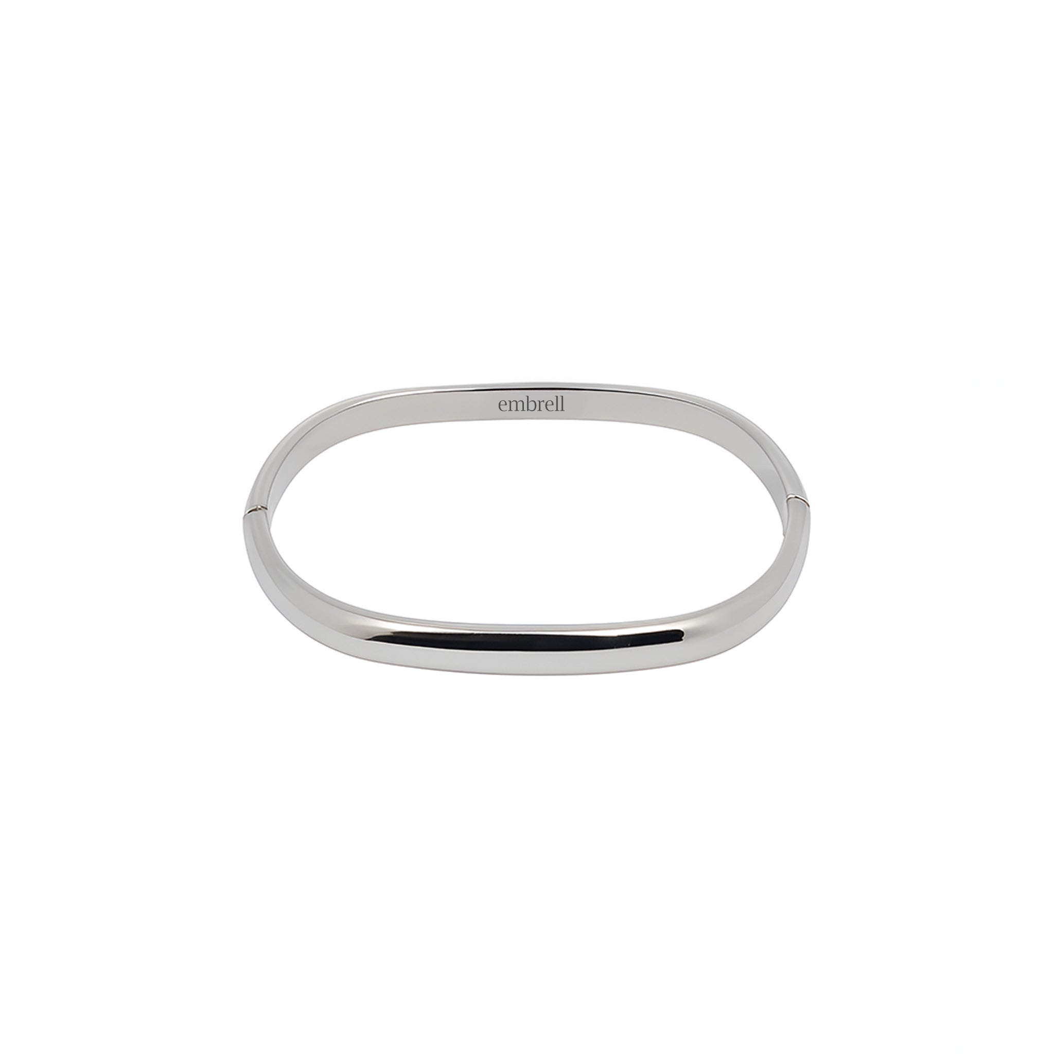 Silver bangle with 'embrell' branding on a white background