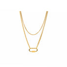 A close-up view of an 18K gold-plated layered necklace featuring two sleek chains and a lock-shaped charm, laid flat against a white background.