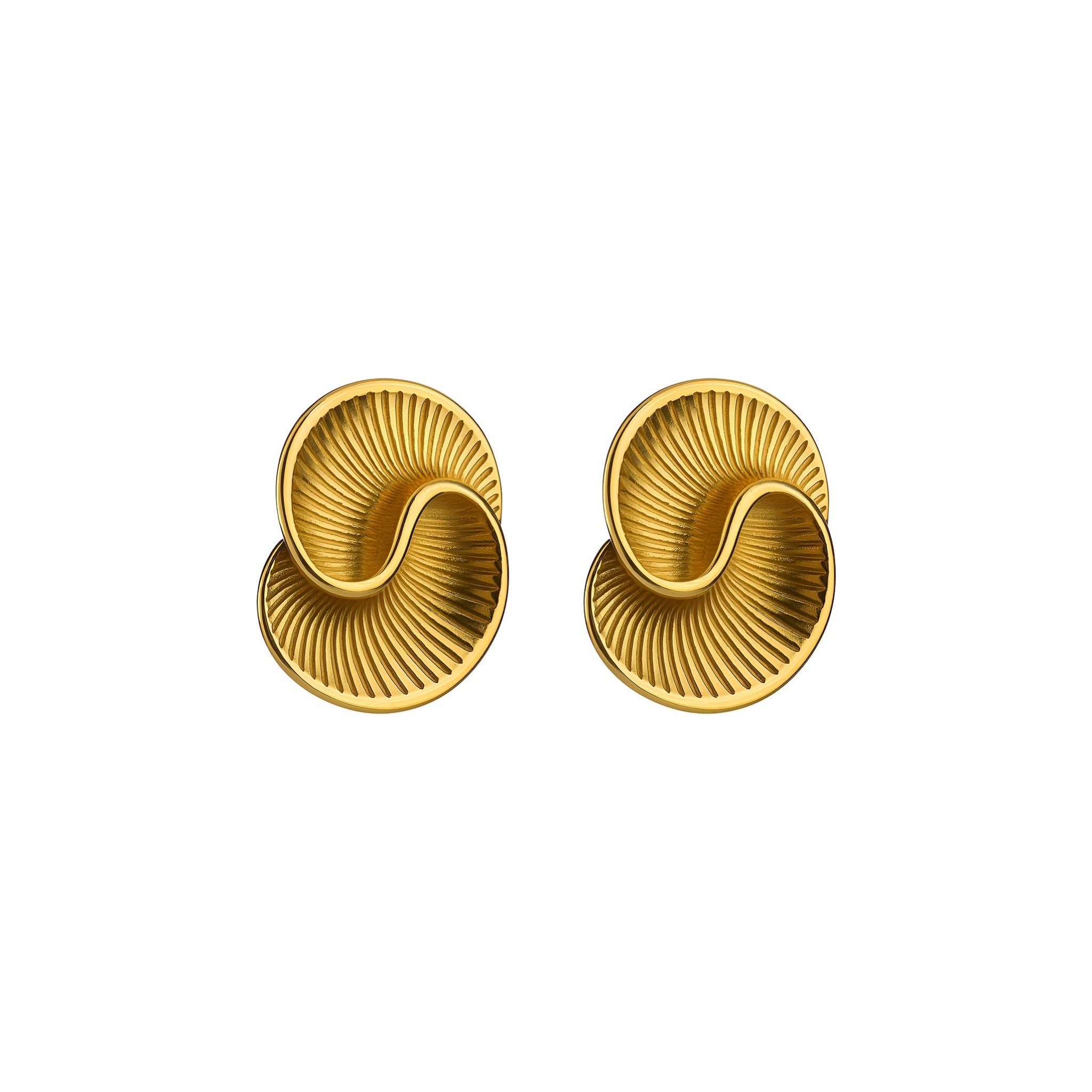 Pair of gold spiral earrings on a white background