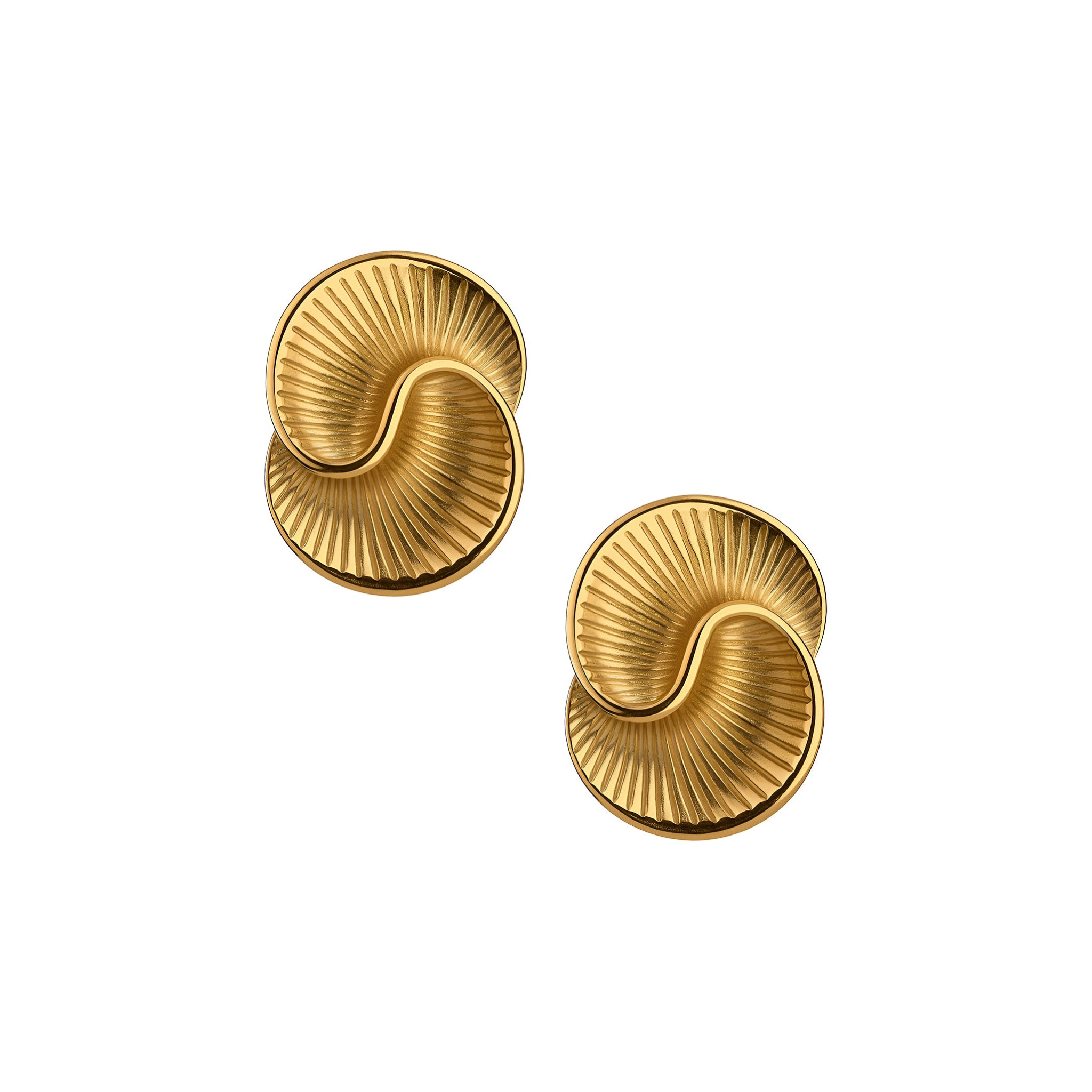 Pair of gold spiral earrings on a white background