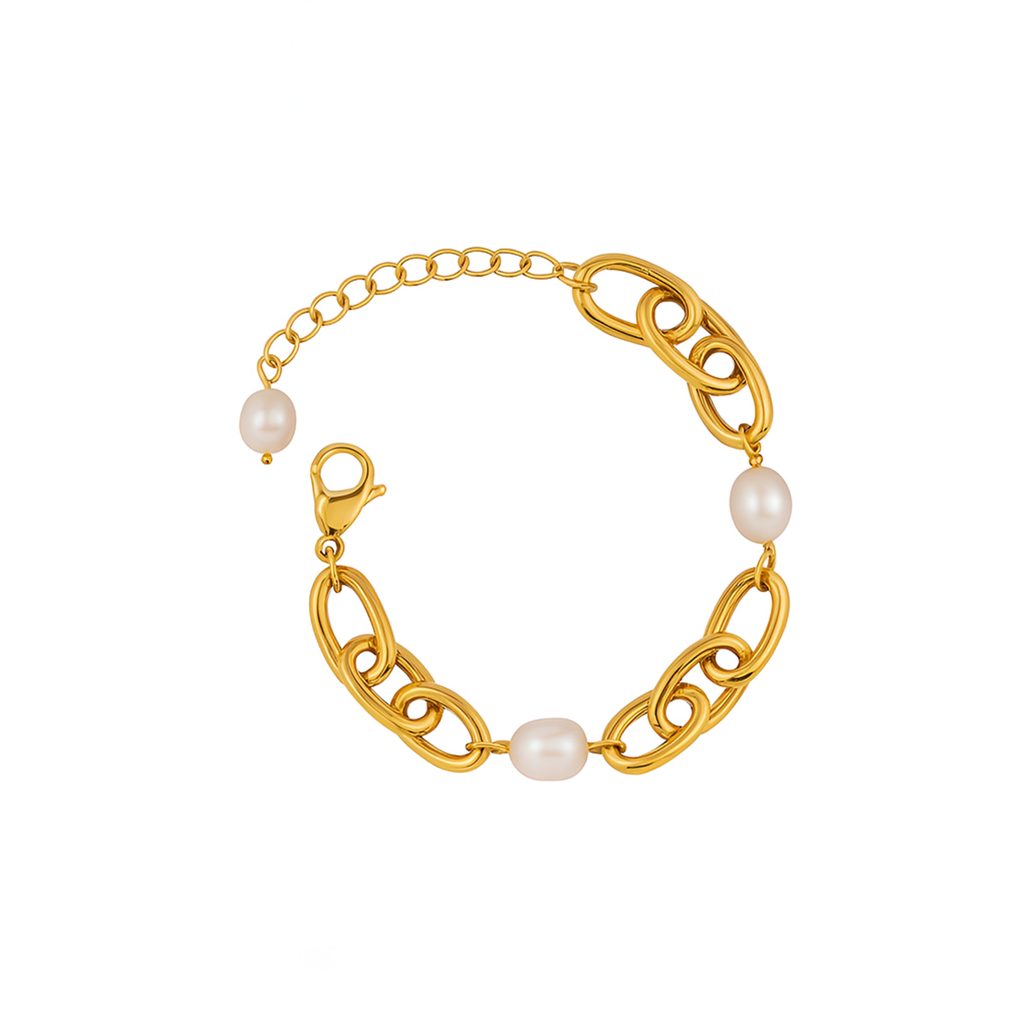 Gold bracelet with pearls on a white background