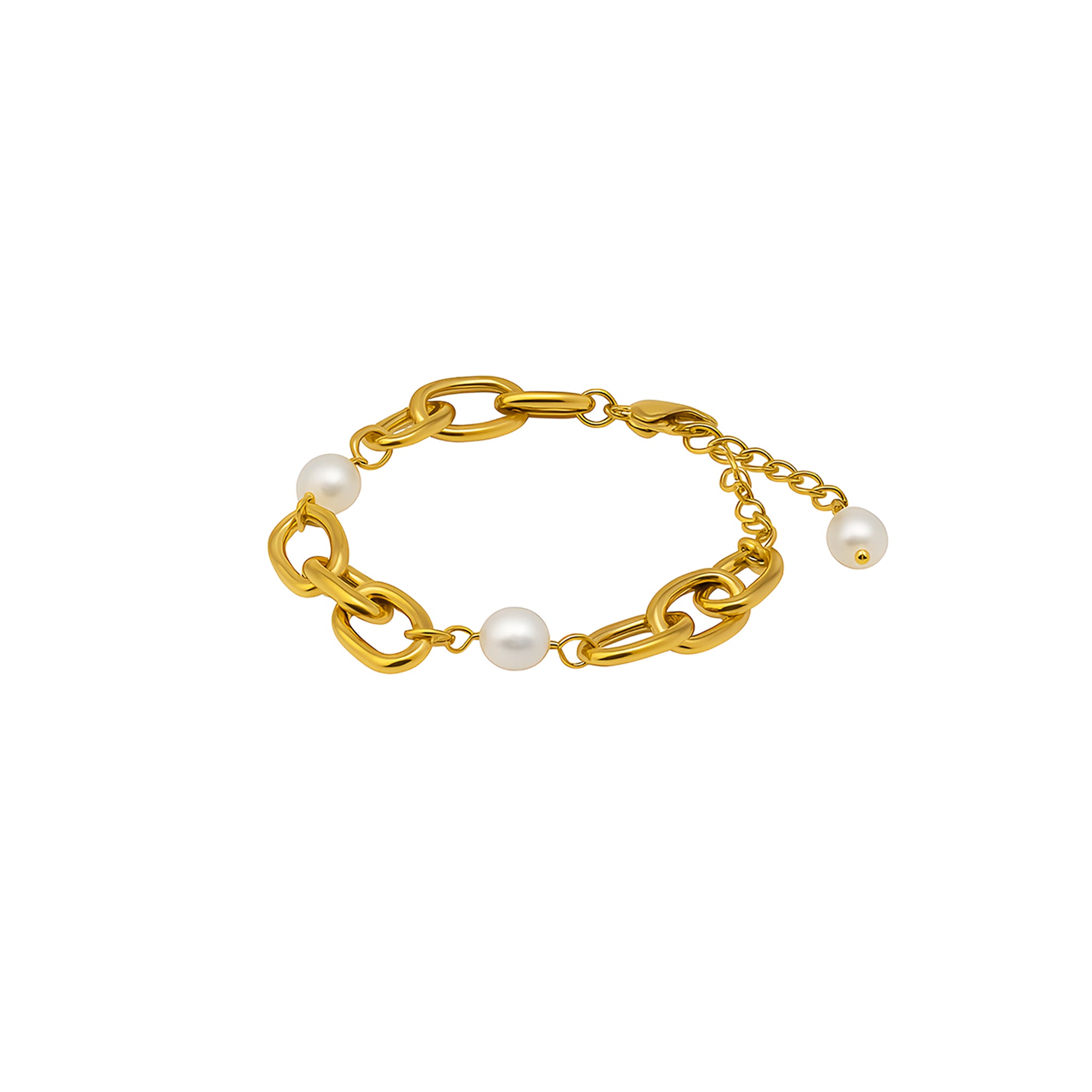 Gold chain bracelet with pearls on a white background