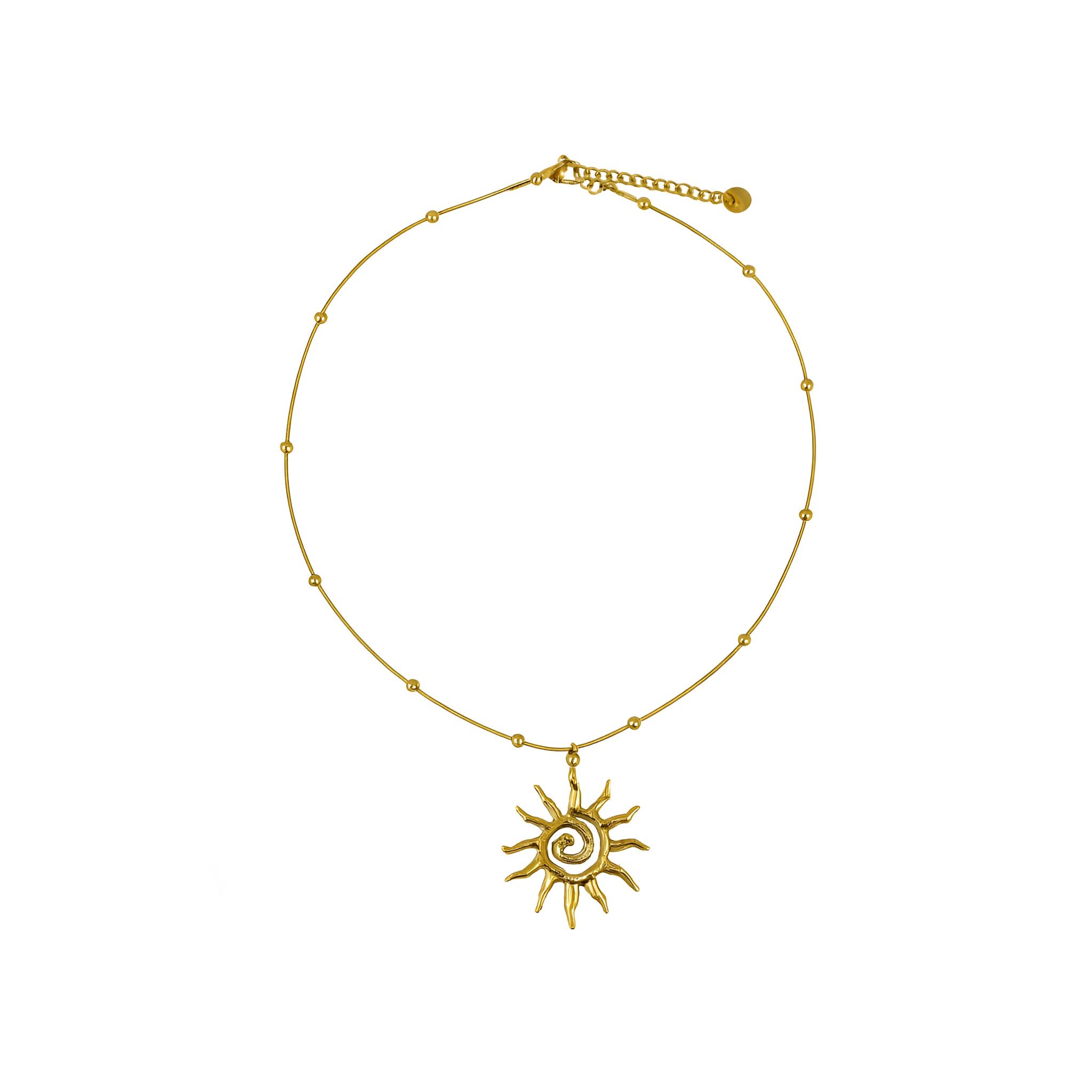 Gold necklace with a sun-shaped pendant on a white background