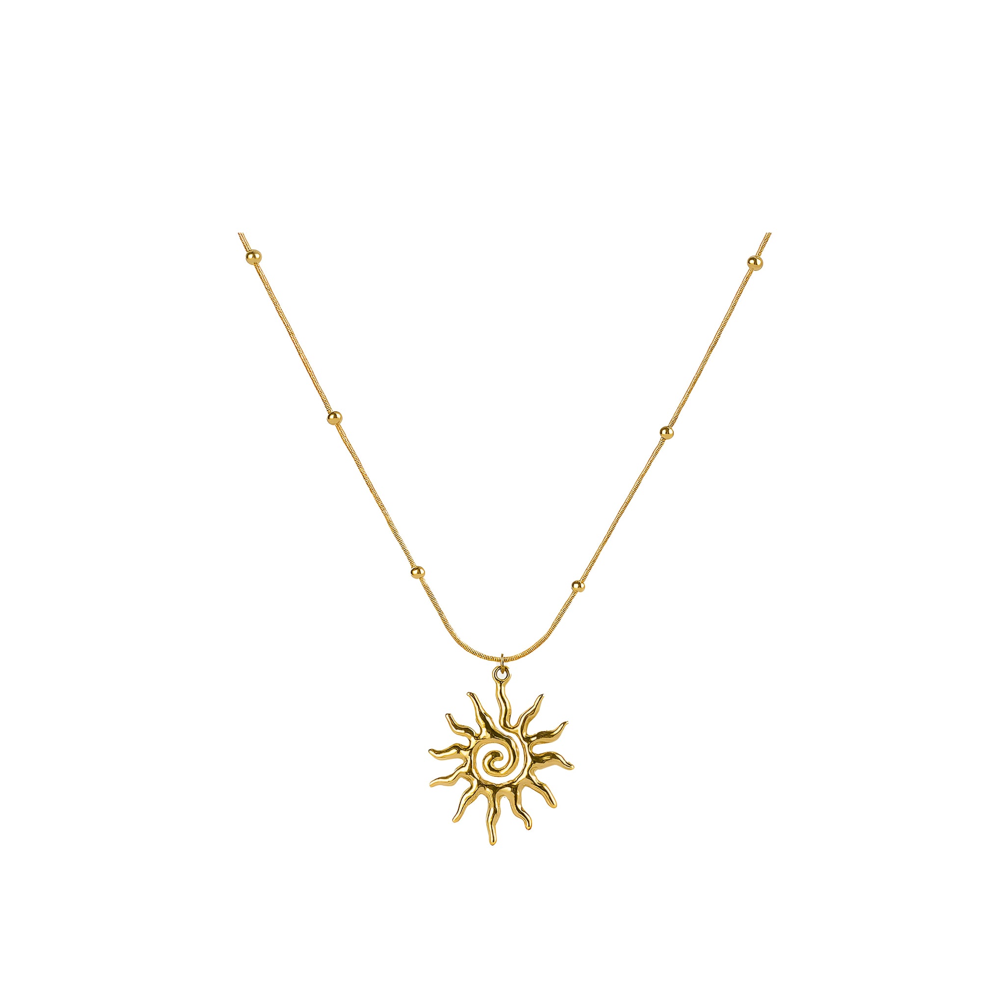 Gold necklace with a sun-shaped pendant on a white background