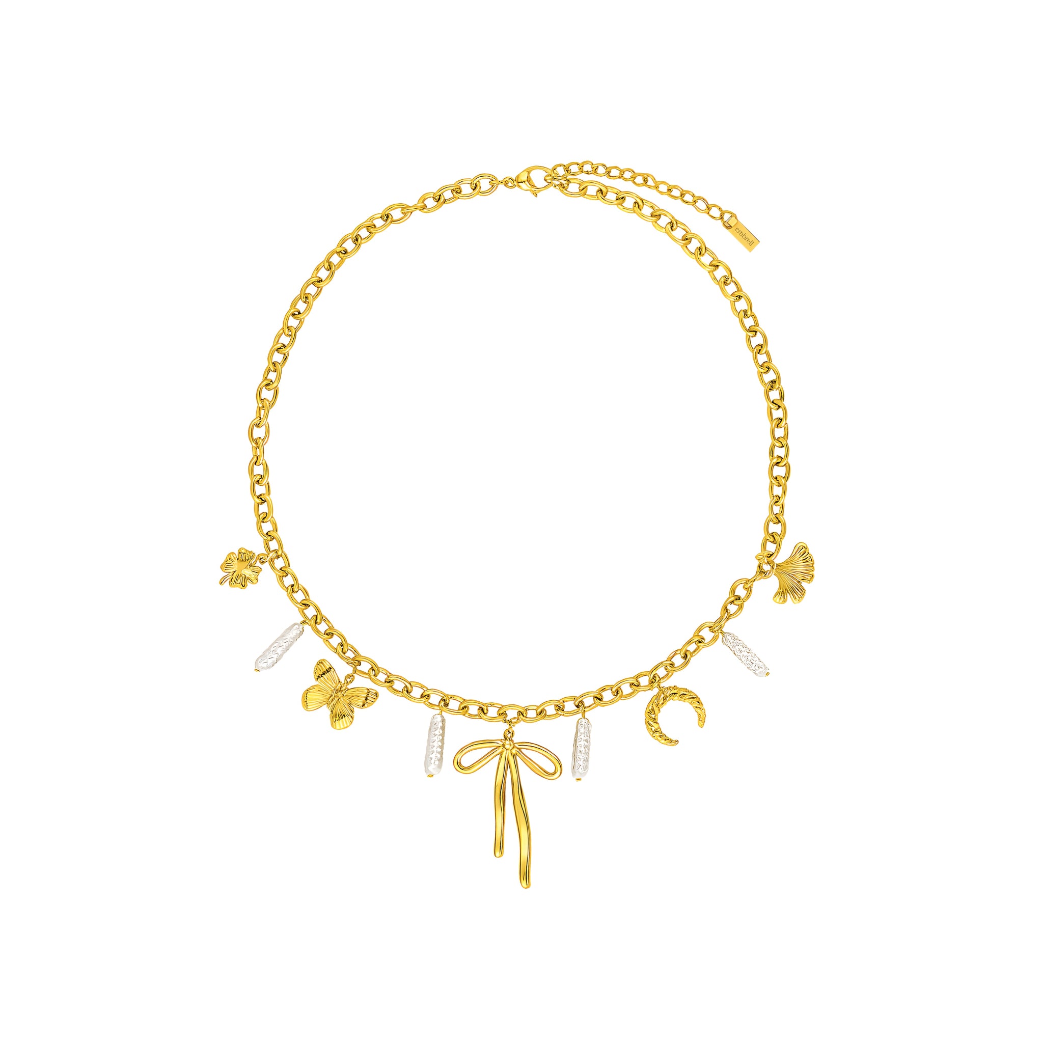 Gold bracelet with various charms on a white background